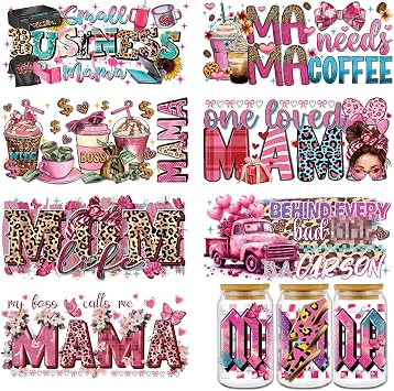 Rngmsi Mama UVDTF Cup Wrap - 8 Sheets Mom UV DTF Wraps for 16 oz, Leopard Print UV DTF Stickers for Water Botters Glass Cups, Pink Coffee Bow Rub on Transfer Decals for Women