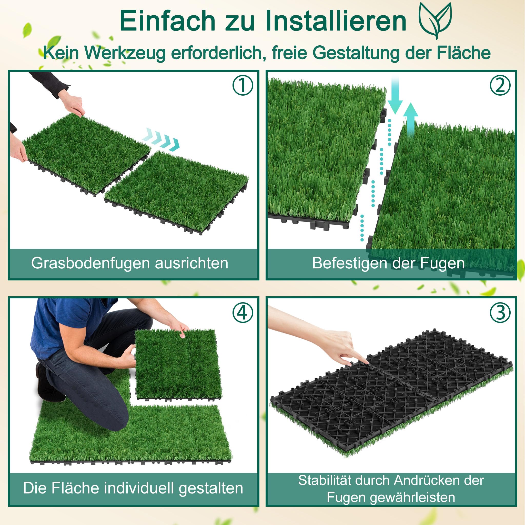 LZQ Lot de 22 tapis de gazon artificiel - 30 x 30 cm - Épaisseur totale : 4 cm - En plastique polyéthylène - Résistant aux UV - Pour jardin, balcon, pique-nique, moquette, extérieur