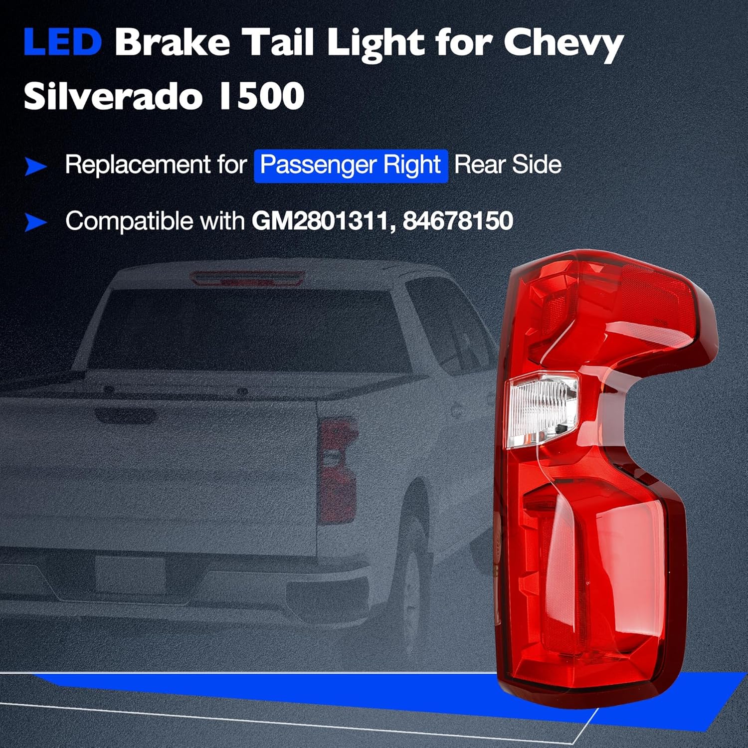 LED Tail light Compatible with 2019-2025 Chevy Silverado 1500 Right Passenger Side, Rear Brake Taillight Assembly Replaces for GM2801311 and 84678150