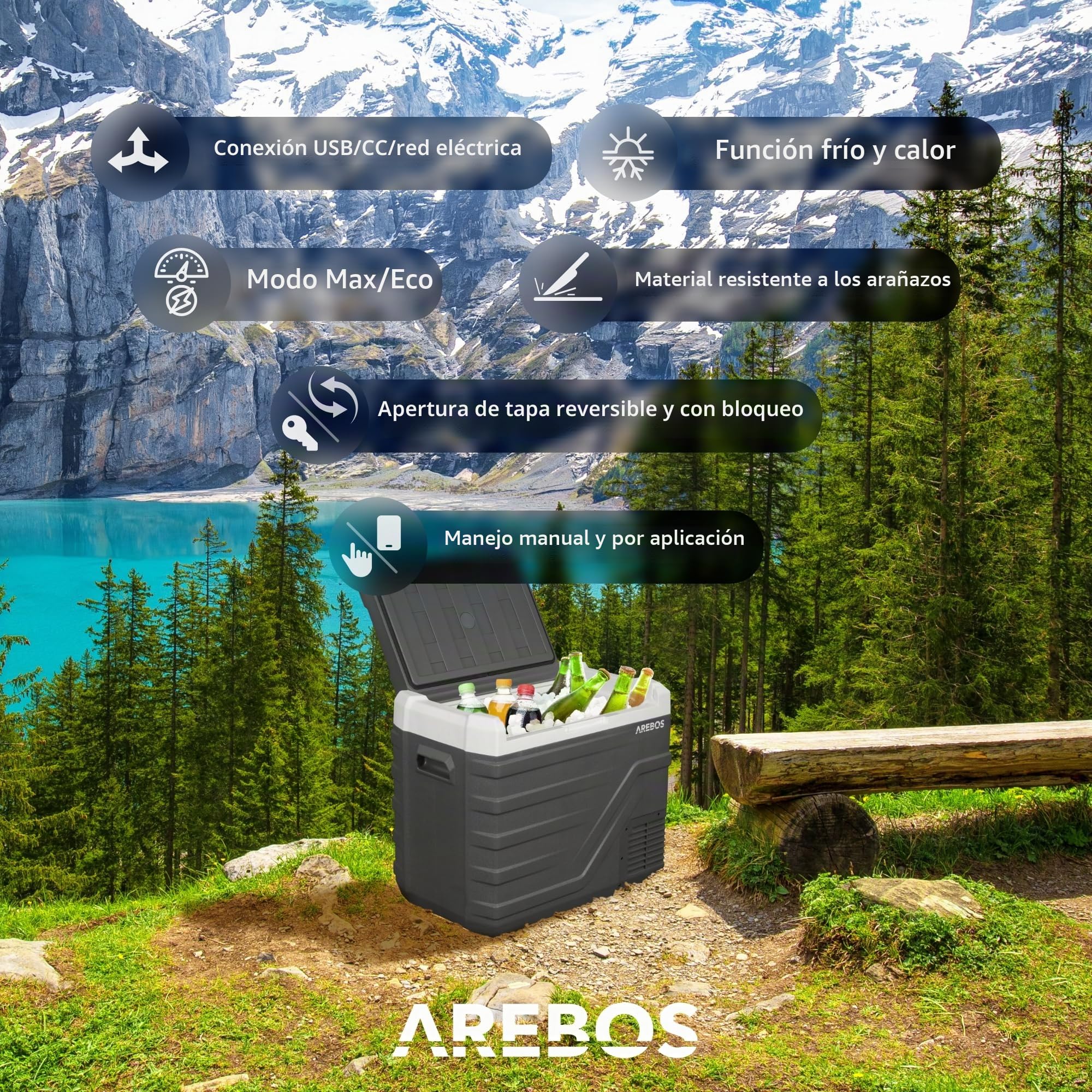 Arebos Nevera con compresor de 43 litros | congelador eléctrico con Control de aplicación para refrigerar, congelar y Mantener Caliente | frigorífico hasta -20 °C | Nevera para Coche con Puerto USB,