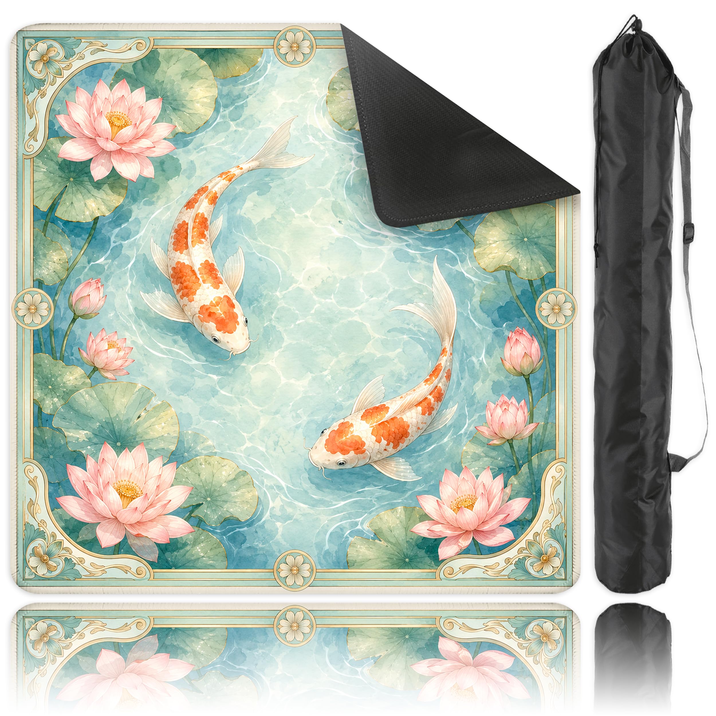 SODAVA Lotus Pond Koi Mahjong Mat 31,5 x 31,5 cm Élégant Jardin aquatique Asiatique Antidérapant Réduction du Bruit Tapis de Table de Jeu pour Mahjong, Jeux de société, Cadeaux pour joueurs de