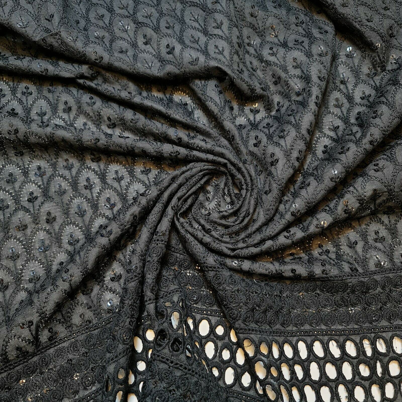 100% Cotton Lawn All Over Border Broderie Anglaise Embroidered Dress Craft Fabric Material 45" - 112 cm Wide Sold As Pre - Cut Lengths (J) (Black)