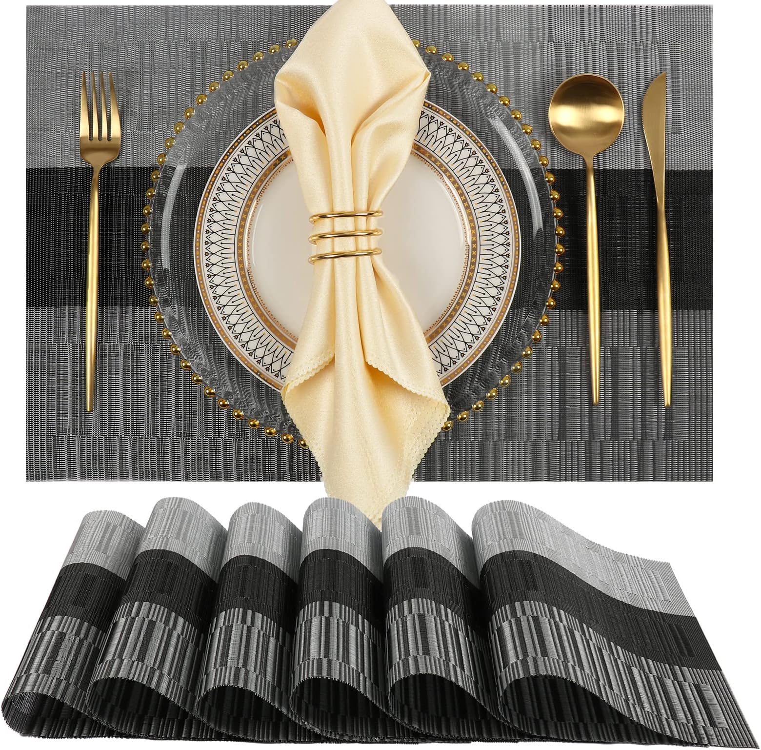 YOSICHY Placemats Set of 6 Woven Vinyl Washable Placemats Heat Resistant Placemats Stain Resistant Non-Slip PVC Kitchen Placemats for Dining Table(Black)