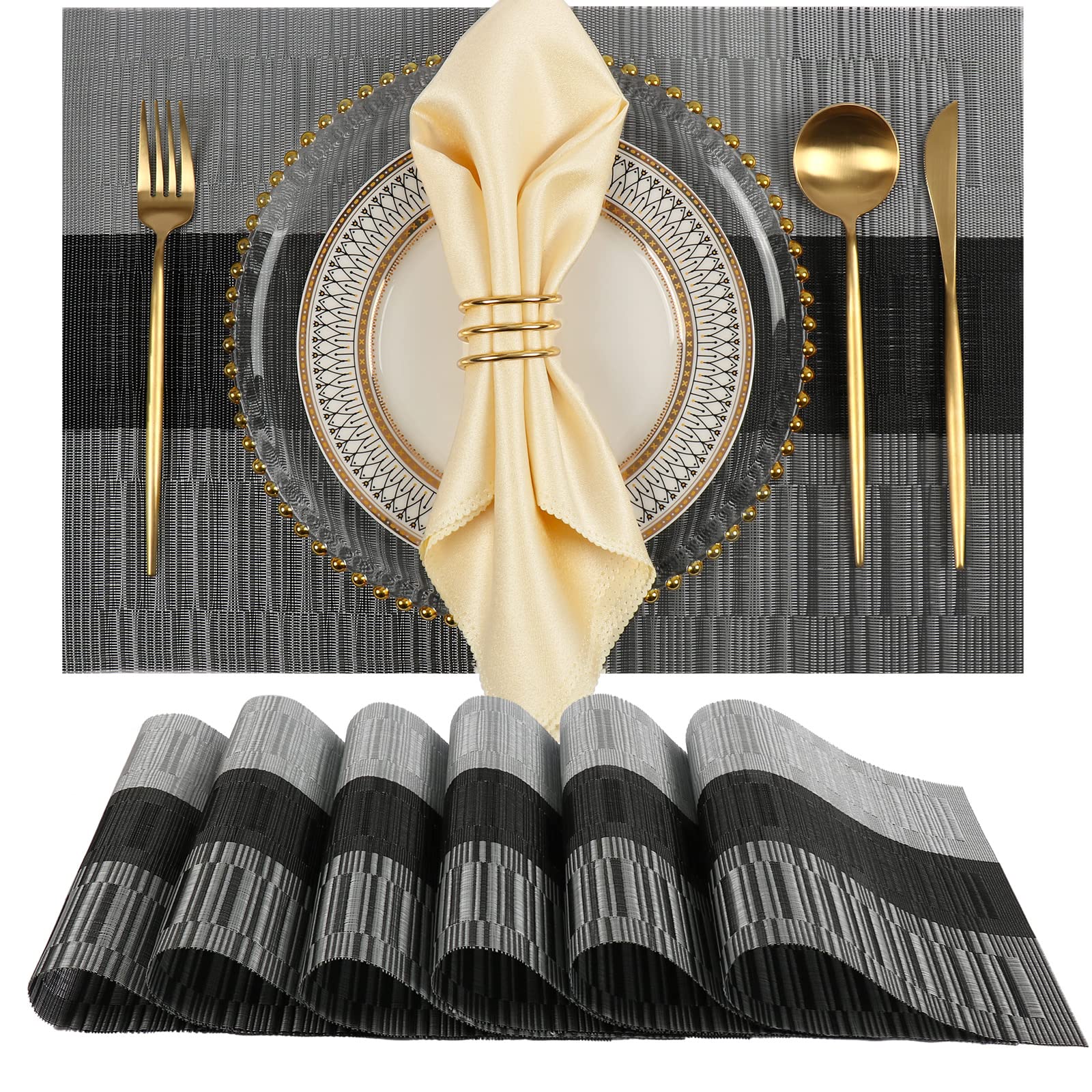YOSICHY Placemats Set of 6 Woven Vinyl Washable Placemats Heat Resistant Placemats Stain Resistant Non-Slip PVC Kitchen Placemats for Dining Table(Black)