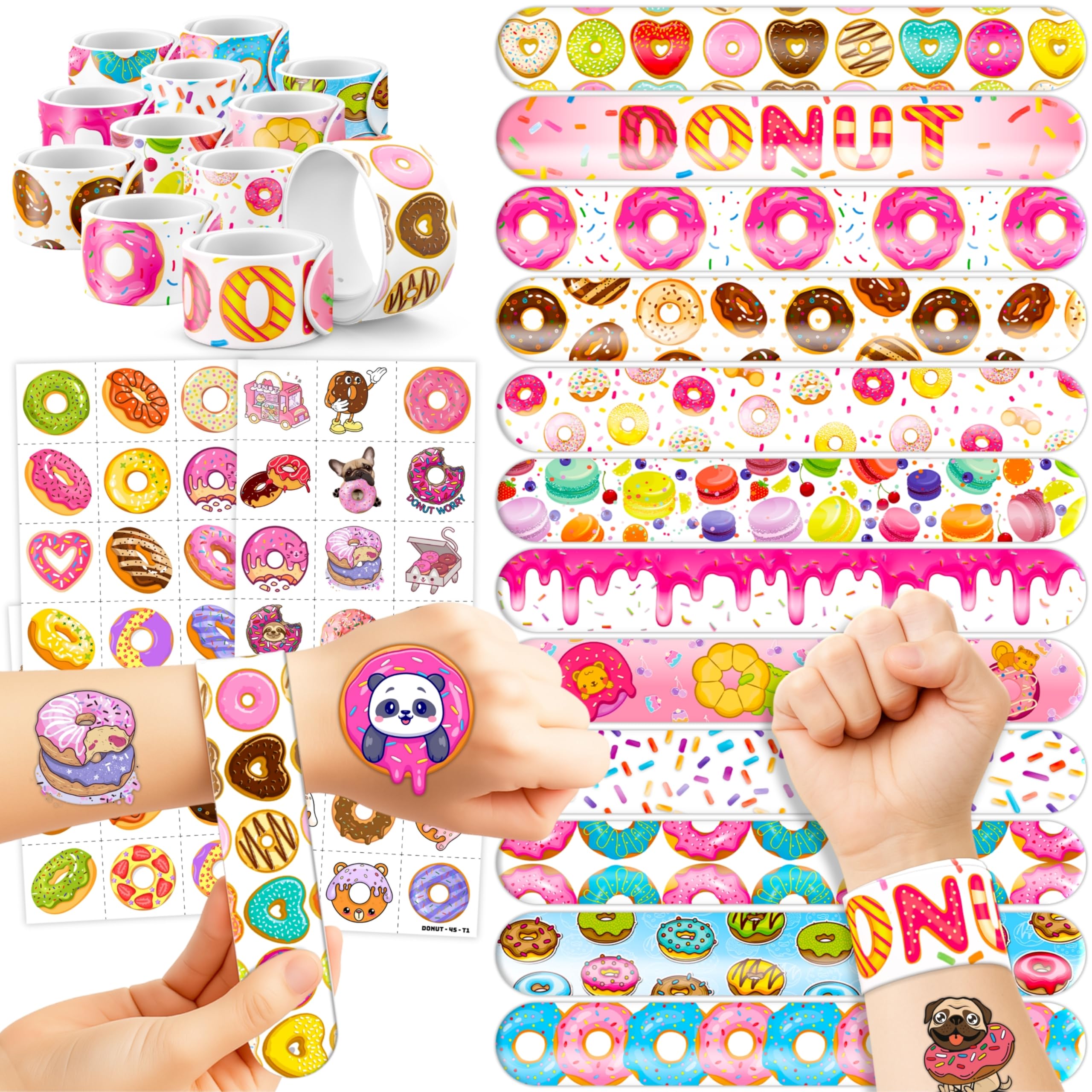 72PCS Donut Party Favors - 48PCS Pre-cut Tattoos & 24PCS Slap Bracelets - Birthday Supplies, Decorations, Gifts, Classroom Prizes, Carnival Rewards,