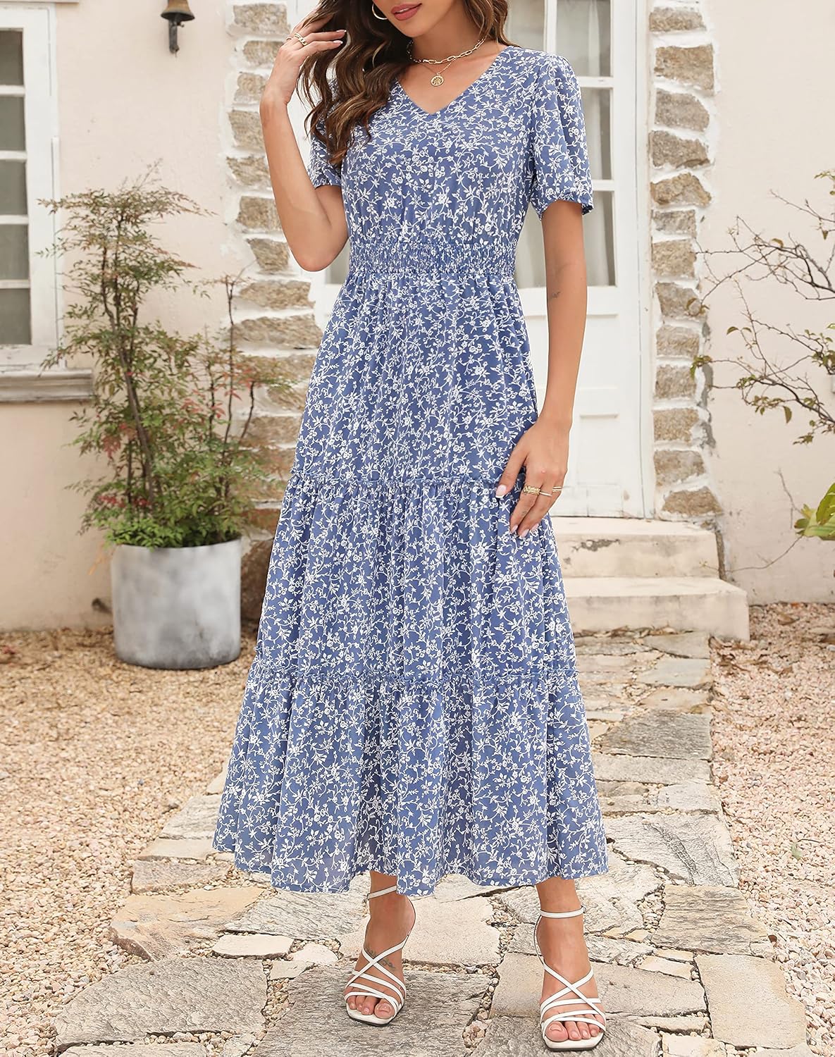 Miniatura 2 de Zattcas Vestido largo casual de verano para mujer 2023, manga corta, cuello en V, fruncido, escalonado, modesto, floral, bohemio, vestido maxi