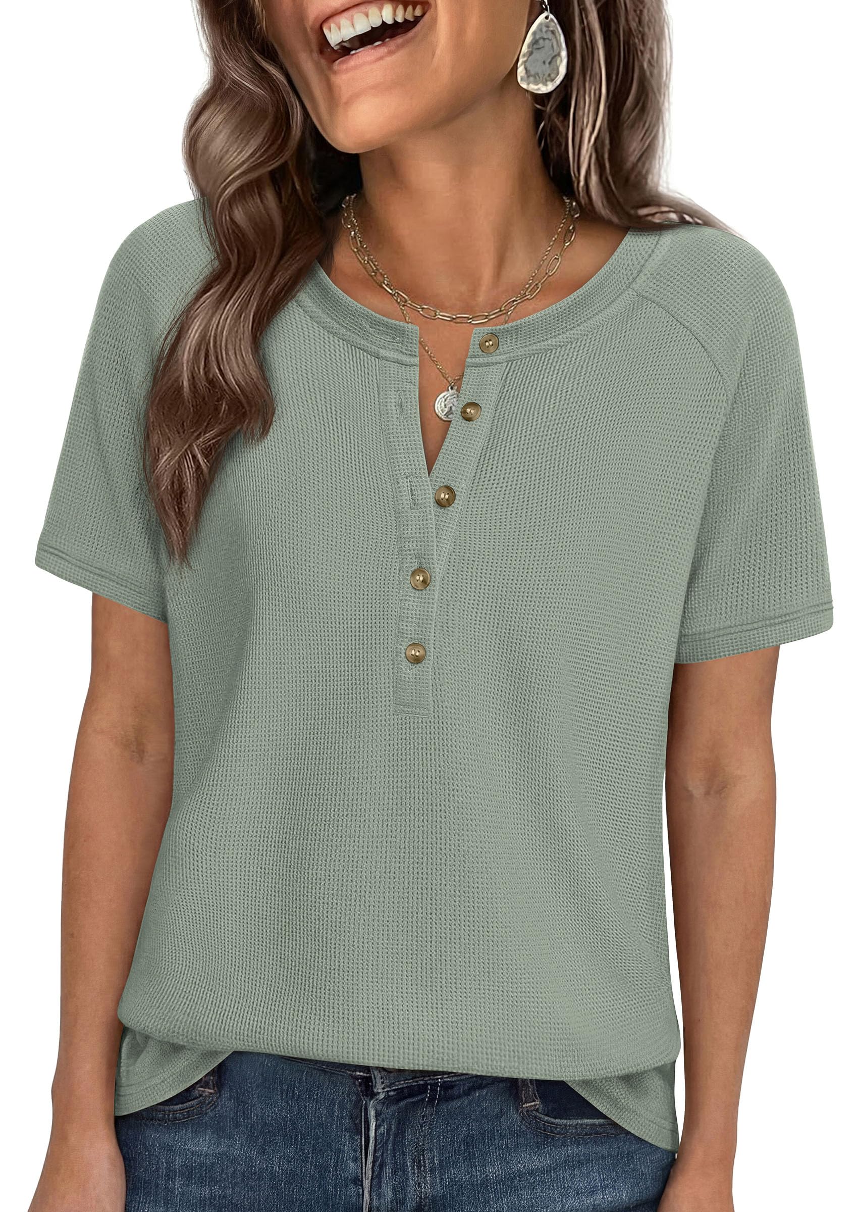 PRETTYGARDEN Waffle Knit Tops for Women Short Sleeve Henley Shirts 2026 Summer Blouses Dressy Casual Spring Fashion Clothes — view 14