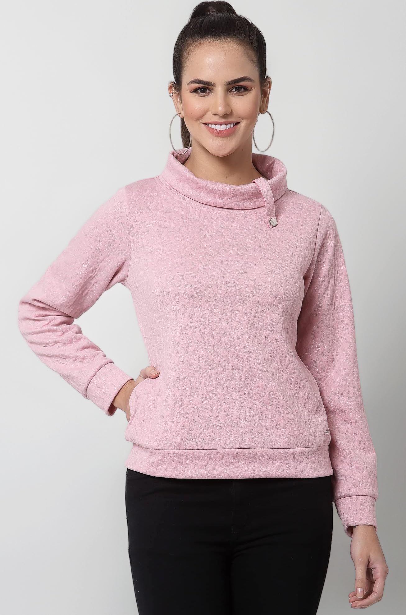 Juelle Women Self Design Blue Turtle Neck Fleece Sweatshirt
