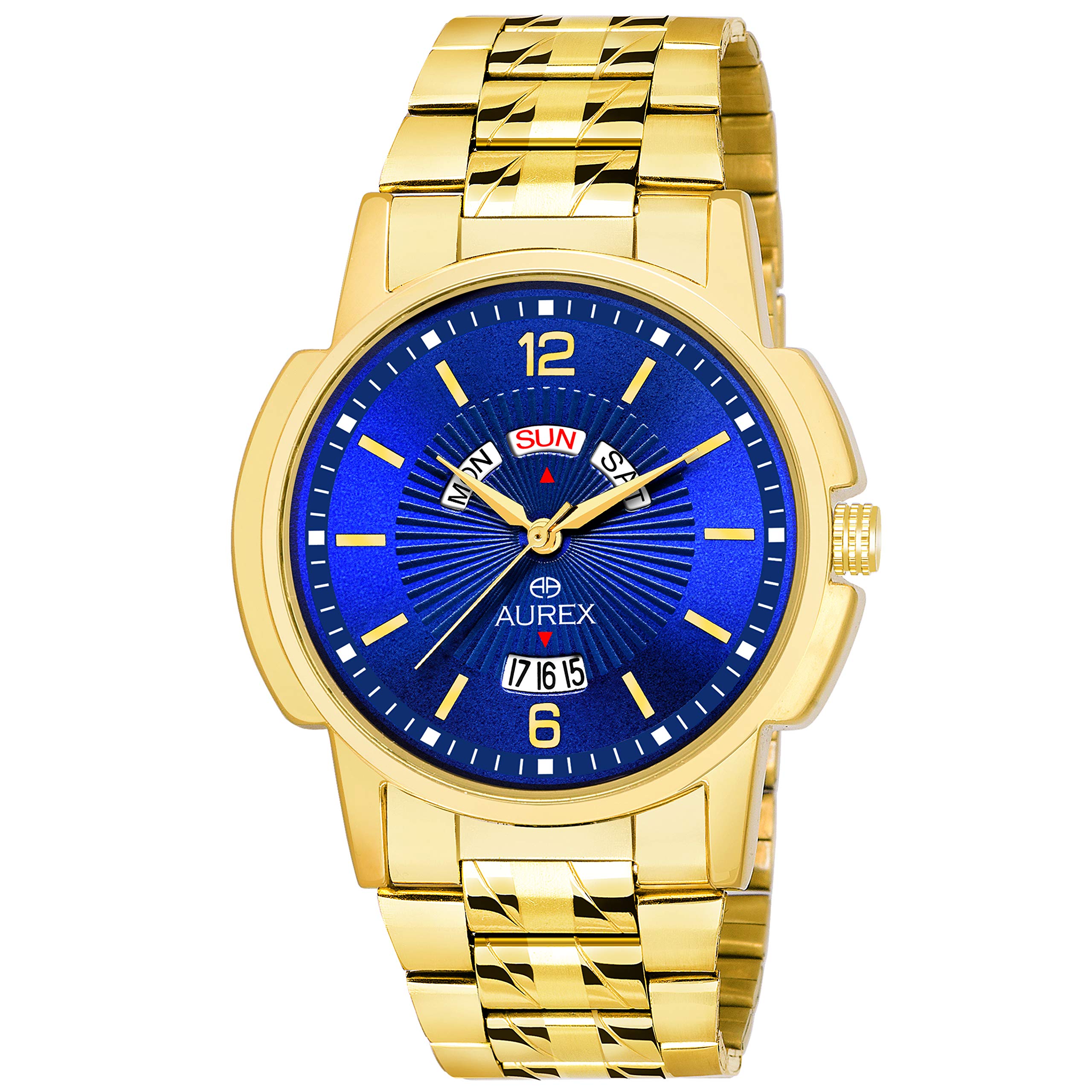 Aurex Mens Analogue Gold Plated Blue Dial Day And Date Stainless Steel Bracelet Watch (Ax-Gr178-Blg) (B08DK4QWY4) Amazon Price History, Amazon Price Tracker