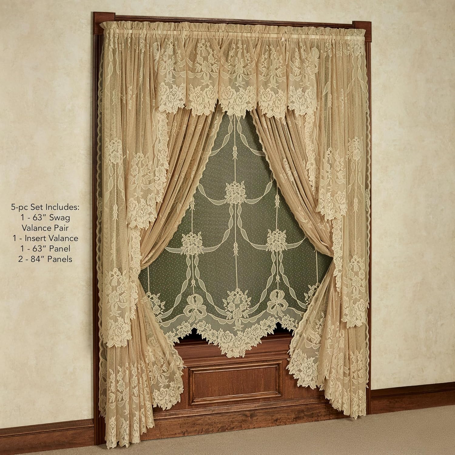 Romantic Garland Lace Window Treatments | Regal Gold | Hand-Cut Floral and Leaf Designs in Fine-Gauge Polyester Jacquard Lace | Drapery Set: Insert Valance, 63L Swag Pair, 1-63L Panel, & 2-84L Panels