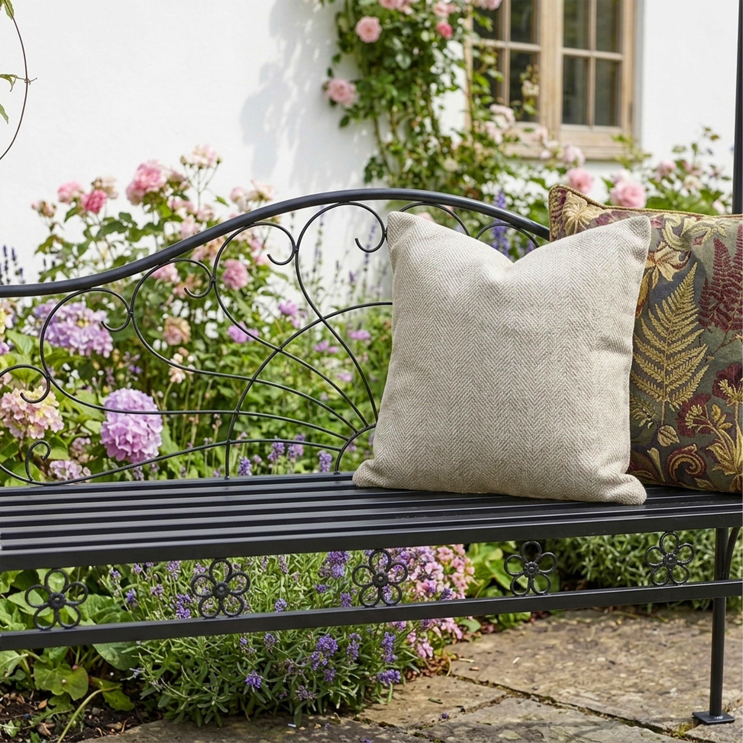 Relaxdays Arche à Roses avec Banc, métal, pour Jardin, H x L x P : 220 x 122 x 43 cm, Arche Stable pour grimpantes, Noir