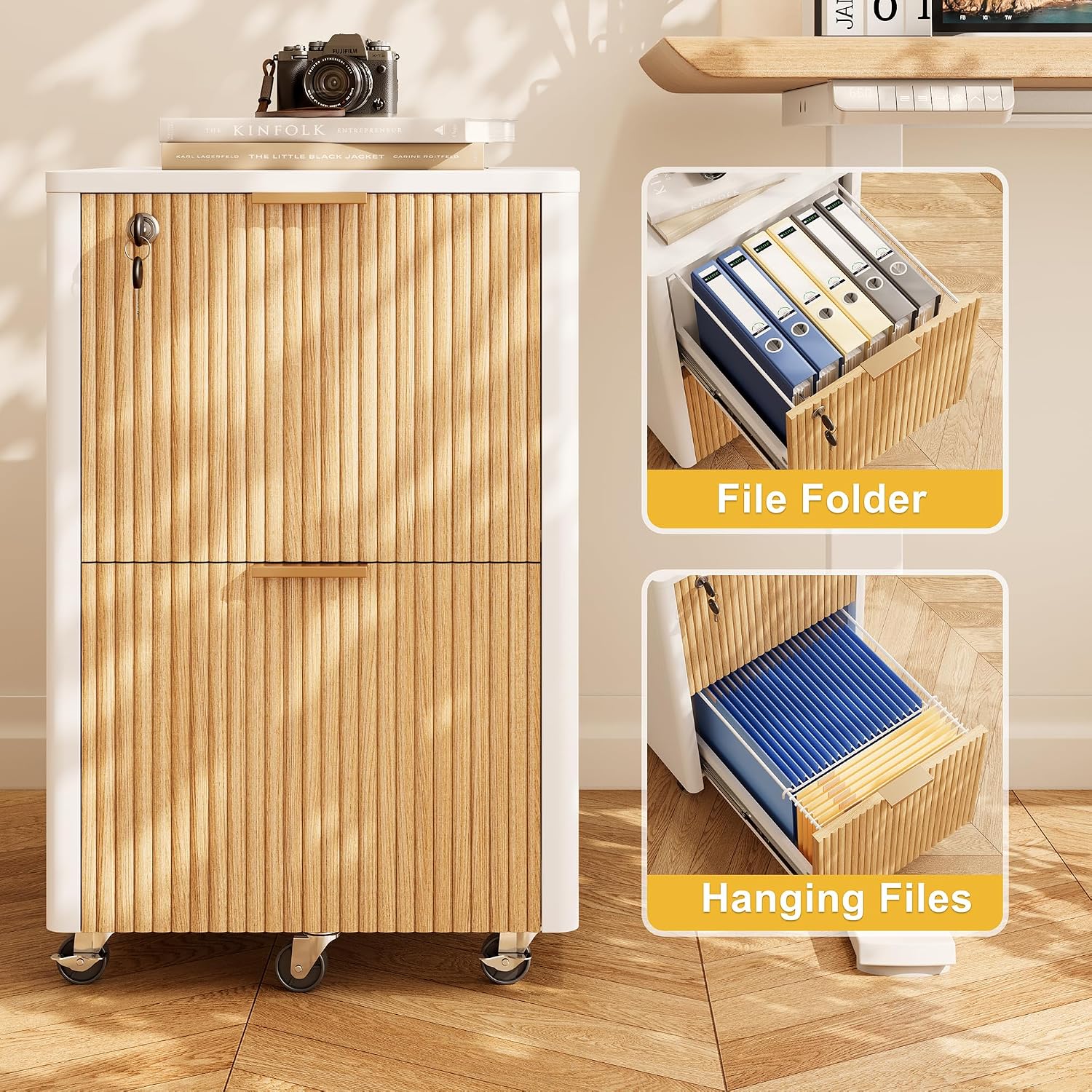 2 Drawers Fluted Mobile File Cabinet with Lock, Rolling File Cabinet Printer Stand Table, Under Desk Wooden Filing Cabinets for Home Office Essentials Storage Organization Furniture Letter/Legal/A4