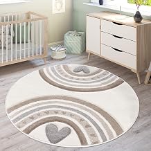 Paco Home Rainbow Heart 3D Beige Cream Children's Bedroom Rug, Size: Diameter 120 cm, Round