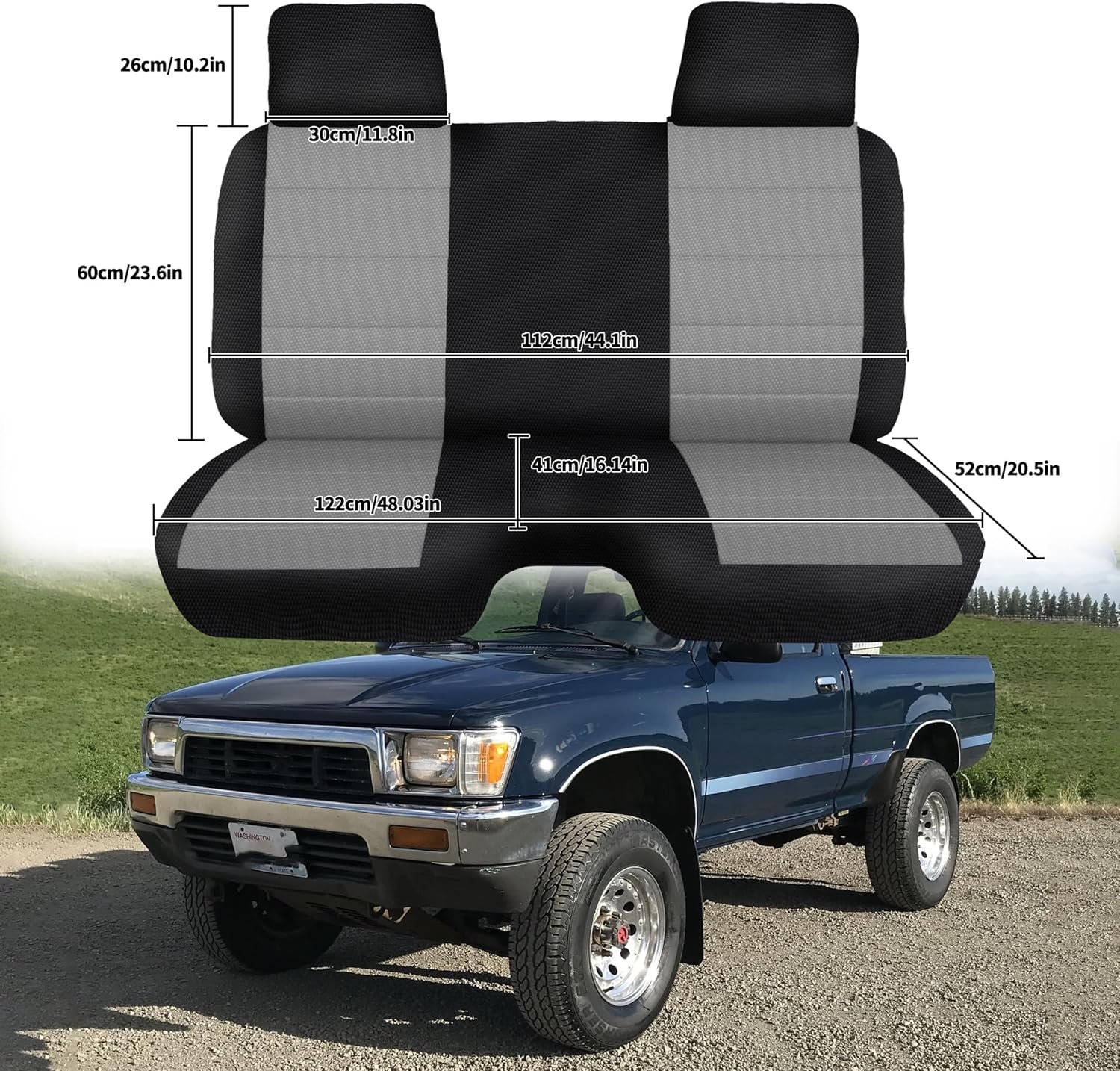 Jokuye Knitted Fabric Front Bench Seat Cover for Toyota Pickup 1987 1988 1989 1990 1991 1992 1993 1994 Molded Headrest & Small 2-3 Inch Notch Bottom Design-Gray