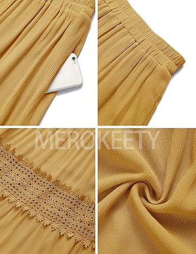 Miniatura 6 de MEROKEETY Falda larga de cintura alta plisada con volantes y ribete de encaje escalonado para mujer