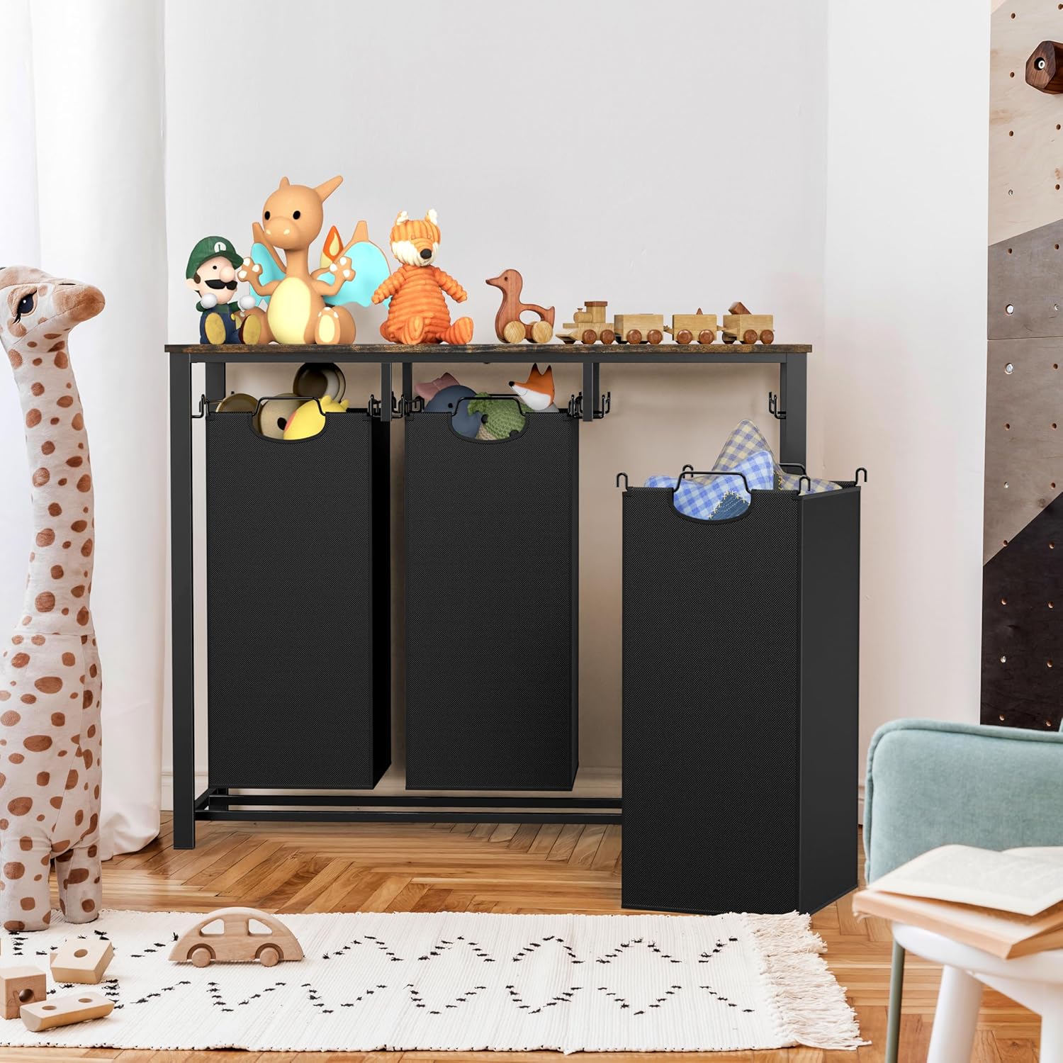 Simple Houseware 3-Section Laundry Sorter with Tabletop Shelf, 3 Pull-Out 10-Gallon Hampers, Metal Frame Laundry Organizer for Bedroom, Bathroom, Rustic Brown