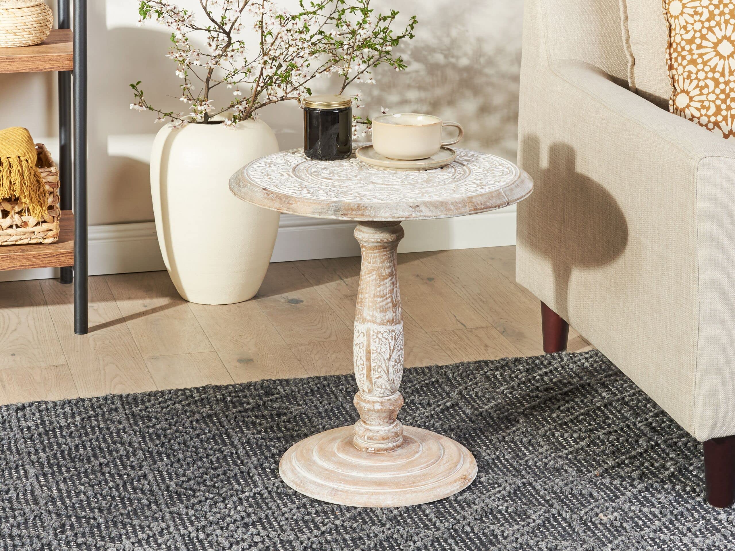 Beliani Table d'Appoint Blanc Cassé en Bois de Manguier Guéridon à Plateau Sculpté Jambia