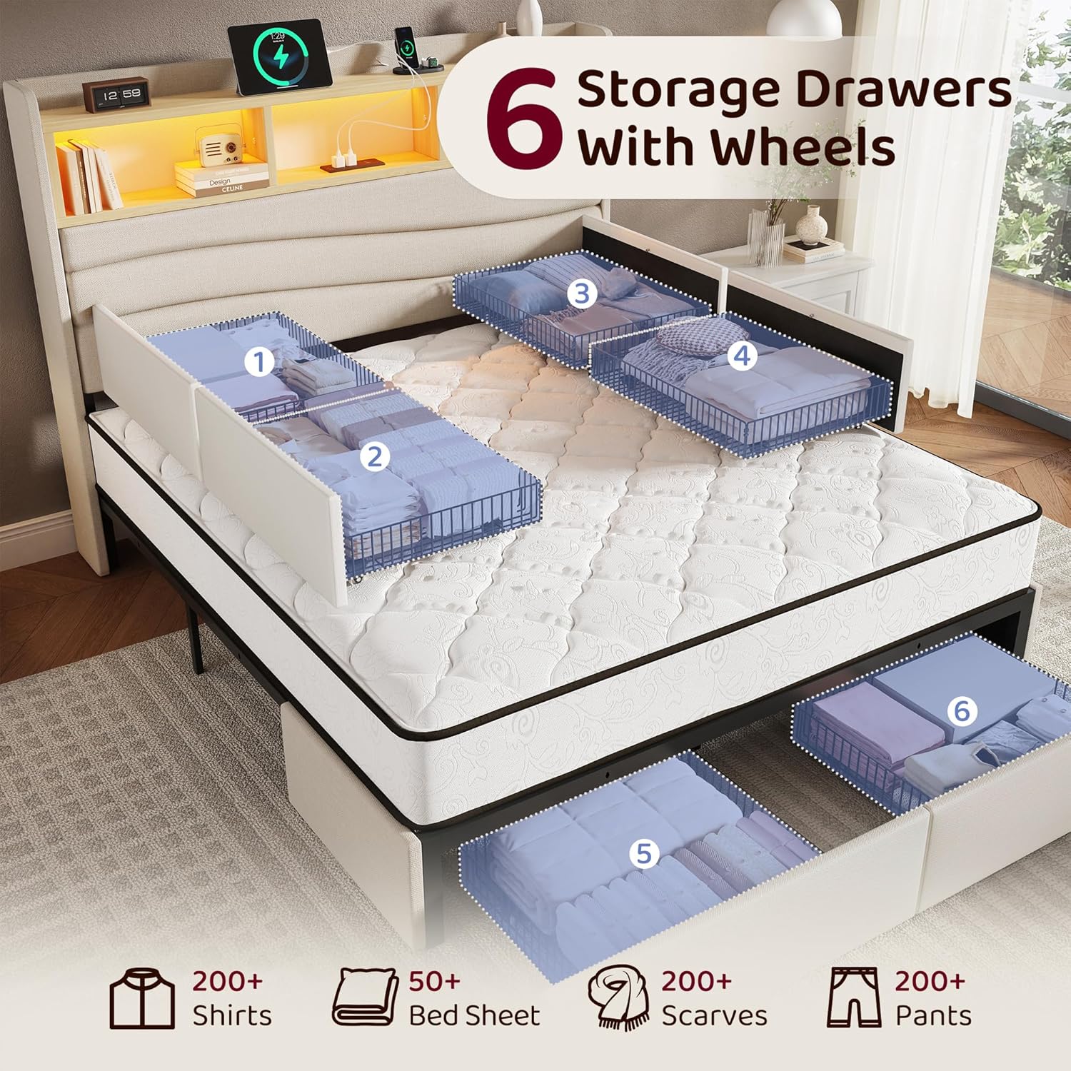 BRELTAM Queen Size Bed Frame with 6 Storage Drawers, Linen Upholstered Platform Bed with Charging Station & LED Lights,2-Tier Wave-Shaped Headboard Design,No Box Spring Needed,Easy Assembly,Beige