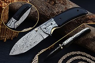 FN09 Handmade Damascus Steel Folding Knife Beautiful Buffalo Horn Handle With Leather Sheath/Upgraded Version (FN09) - Nooraki