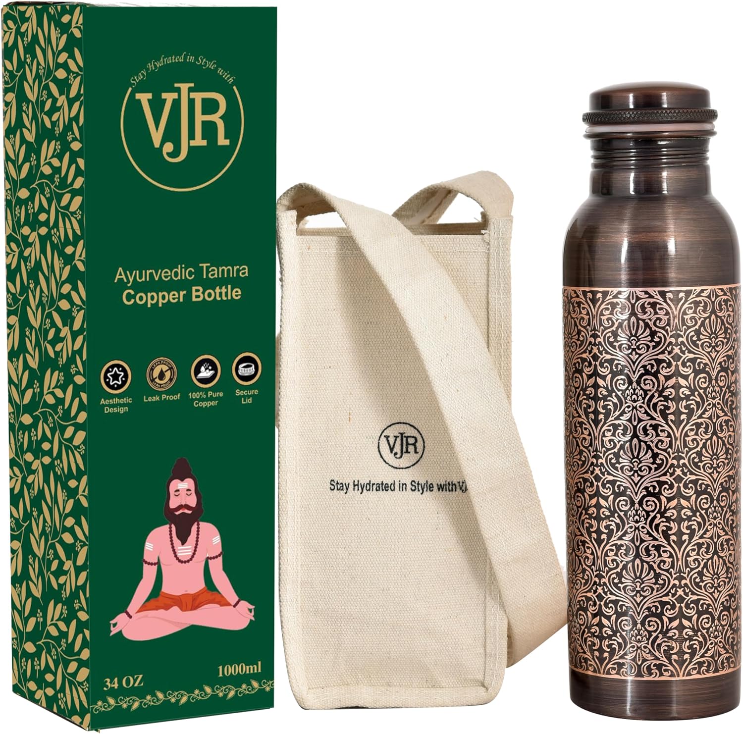 VJR 100% Pure Copper Water Bottle for Drinking, 32 Oz Large Hammered Ayurvedic Bottle with 2 Pockets Canvas Bag Leak-Proof Insulated Copper Utensil