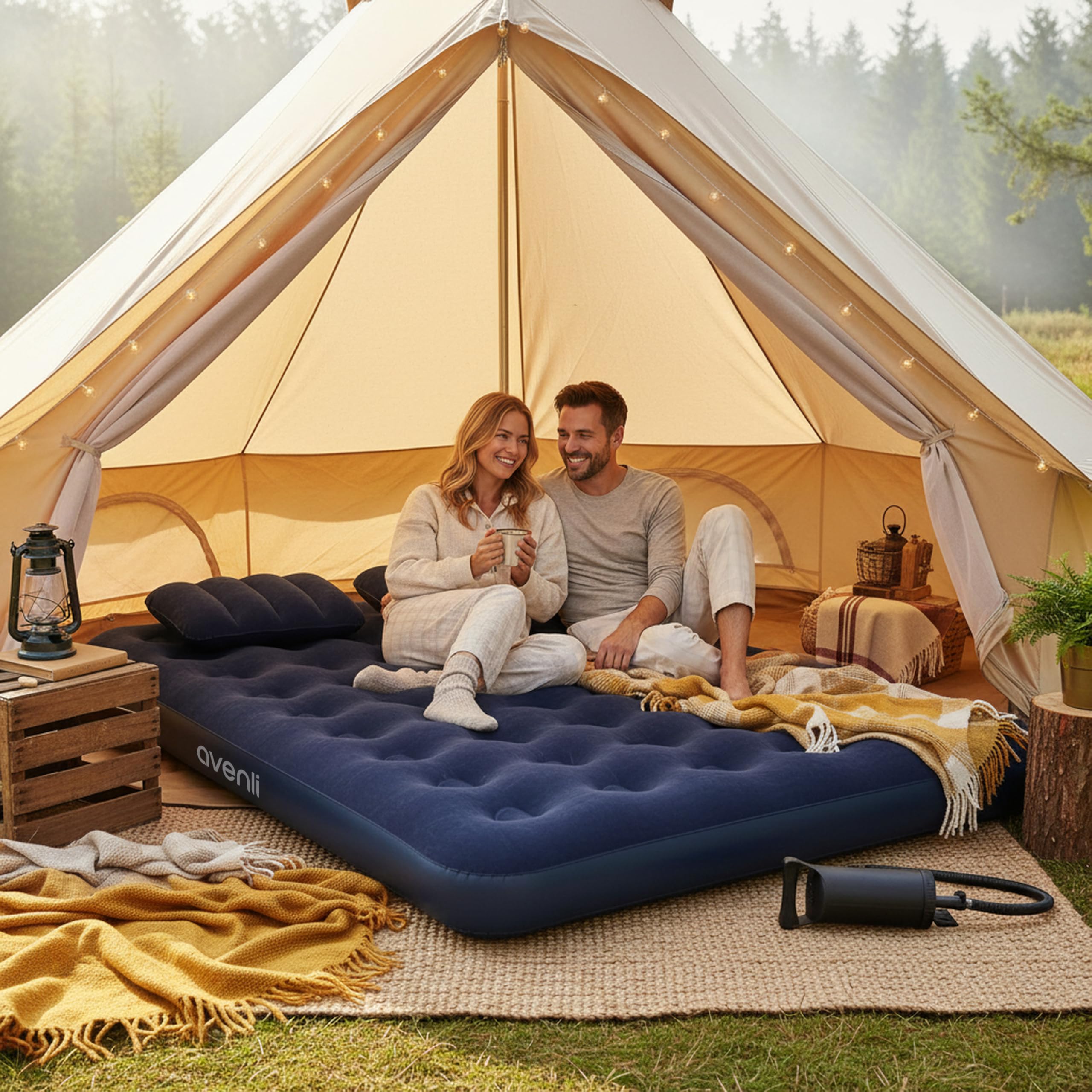 AVENLI Materasso gonfiabile Queen-Size 203x152x22 cm, 2 persone, Coil-Beam, con pompa e 2 cuscini, fino a 300 kg, blu, campeggio letto ospiti outdoor – materasso gonfiabile per 2 persone