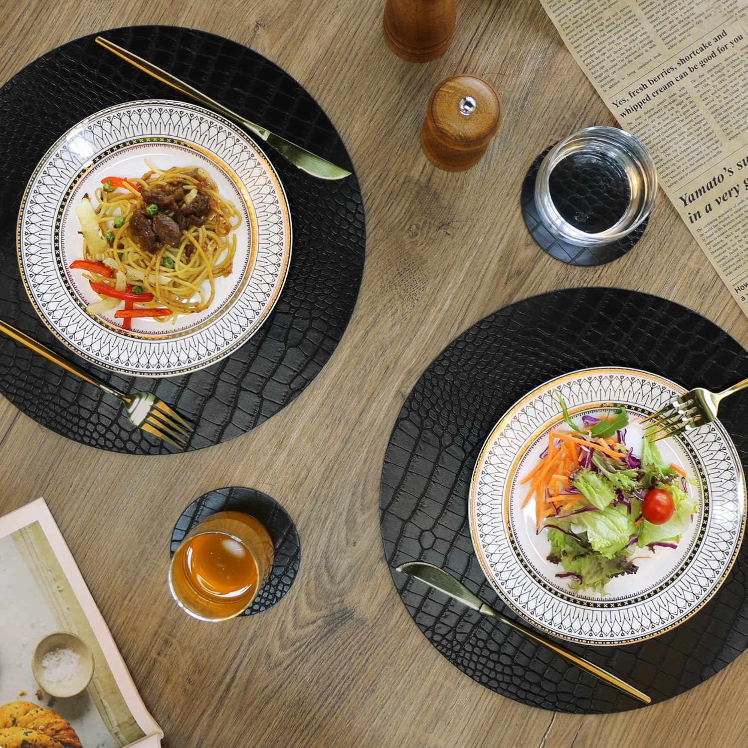 Round Leather Placemats for Round Tables Set of 6, Black Table Place Mats and Coasters, Washable Easy to Care for Indoor Decor 13" Diameter