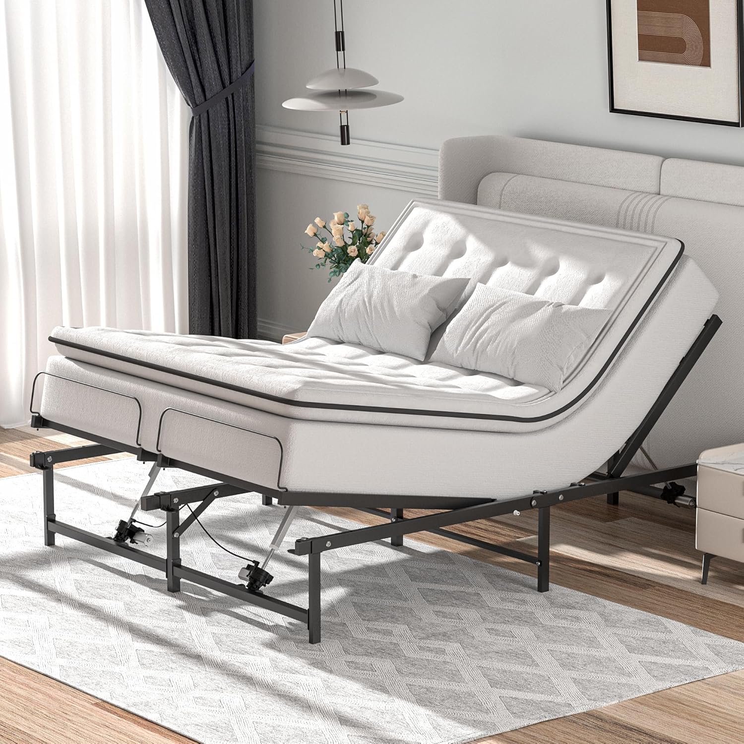 JAXPETY Adjustable Bed Frame with mattress inclined for reading