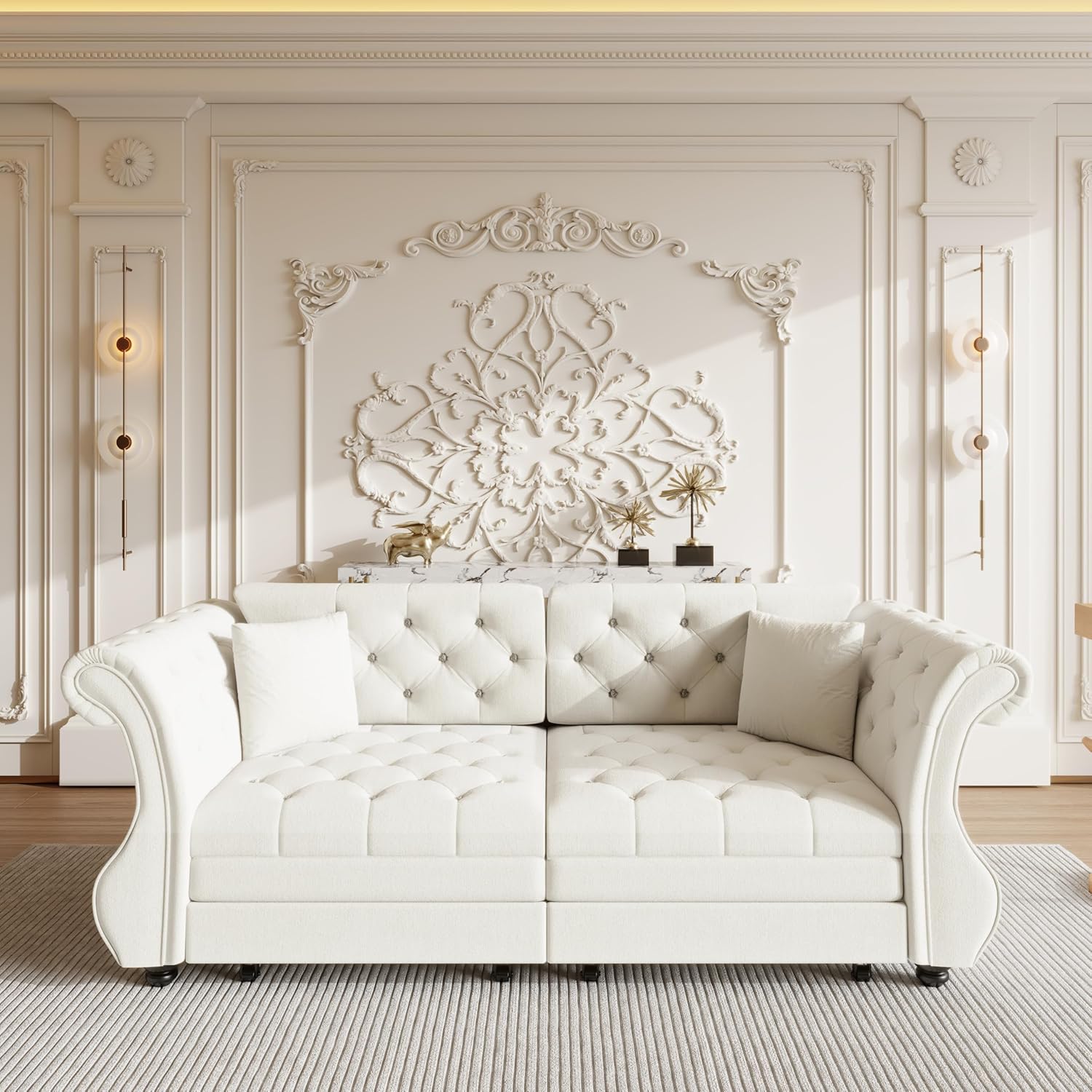 83.8" Queen Size Pull Out Sleeper Sofa Bed, 3-Seater Oversized Velvet Convertible Sofa Bed with Handmade Flower Tufted, Deep Seat Loveseat Couch with 2 Pillows, Couches for Living Room, Beige/White