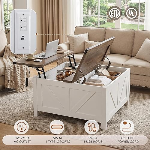 Miniatura 4 de Mesa de centro de granja de 35 pulgadas con gran almacenamiento, mesa de centro de madera rústica para sala de estar, mesa central cuadrada con