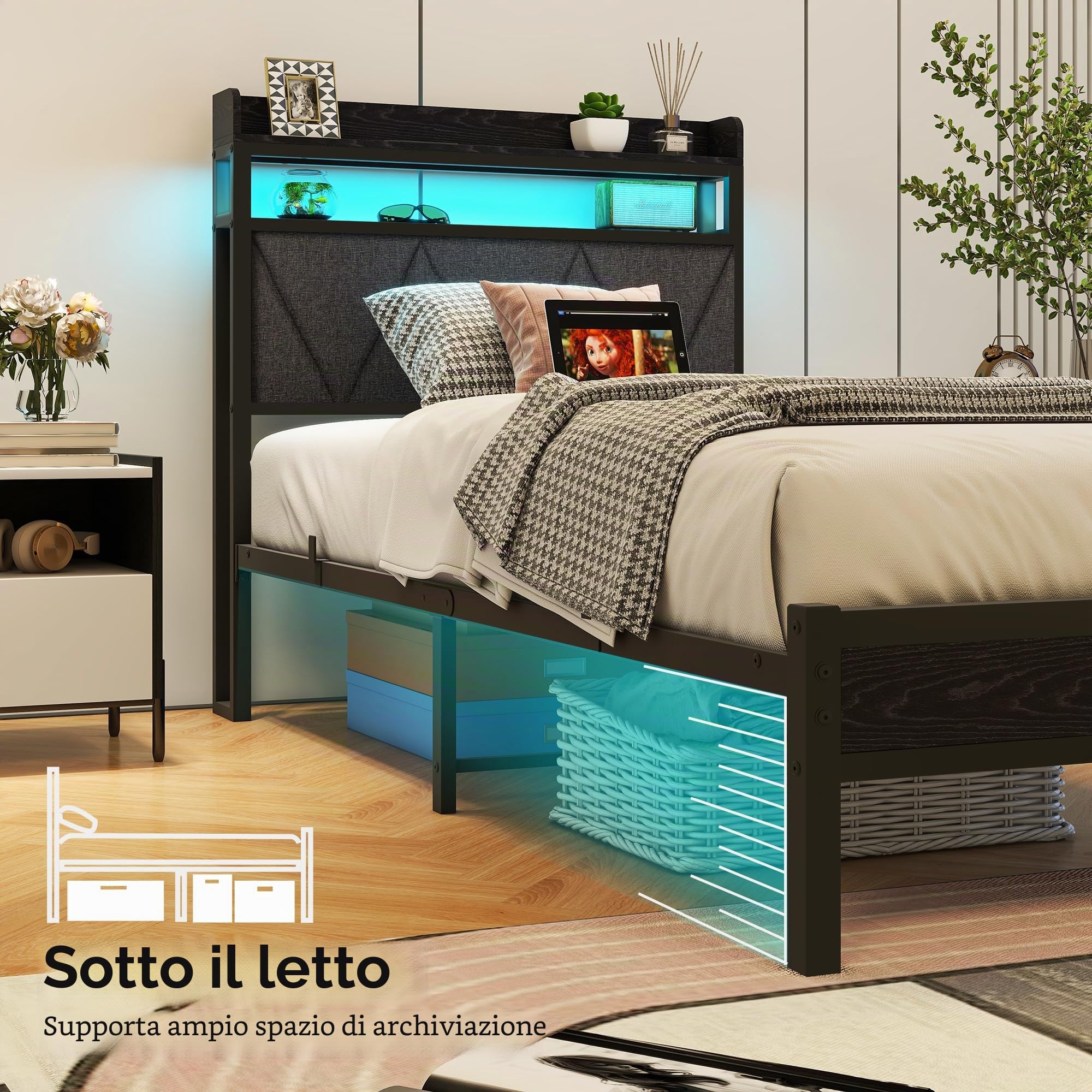 Telaio letto singolo da 0,91 m con luci LED, testiera imbottita con spazio per riporre oggetti e stazione di ricarica, letto a piattaforma in metallo solido, misura singola, senza molle