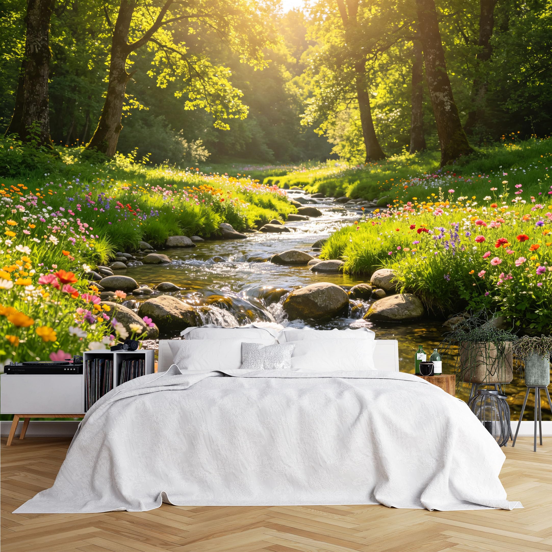Lcythiazole Ch260615059 Custom Size Wall Murals Bright Forest Creek Wildflower Scenery Wall Murals Wall Stickers Wallpaper Self-Adhesive Removable Wallpaper For Entryway Bedroom