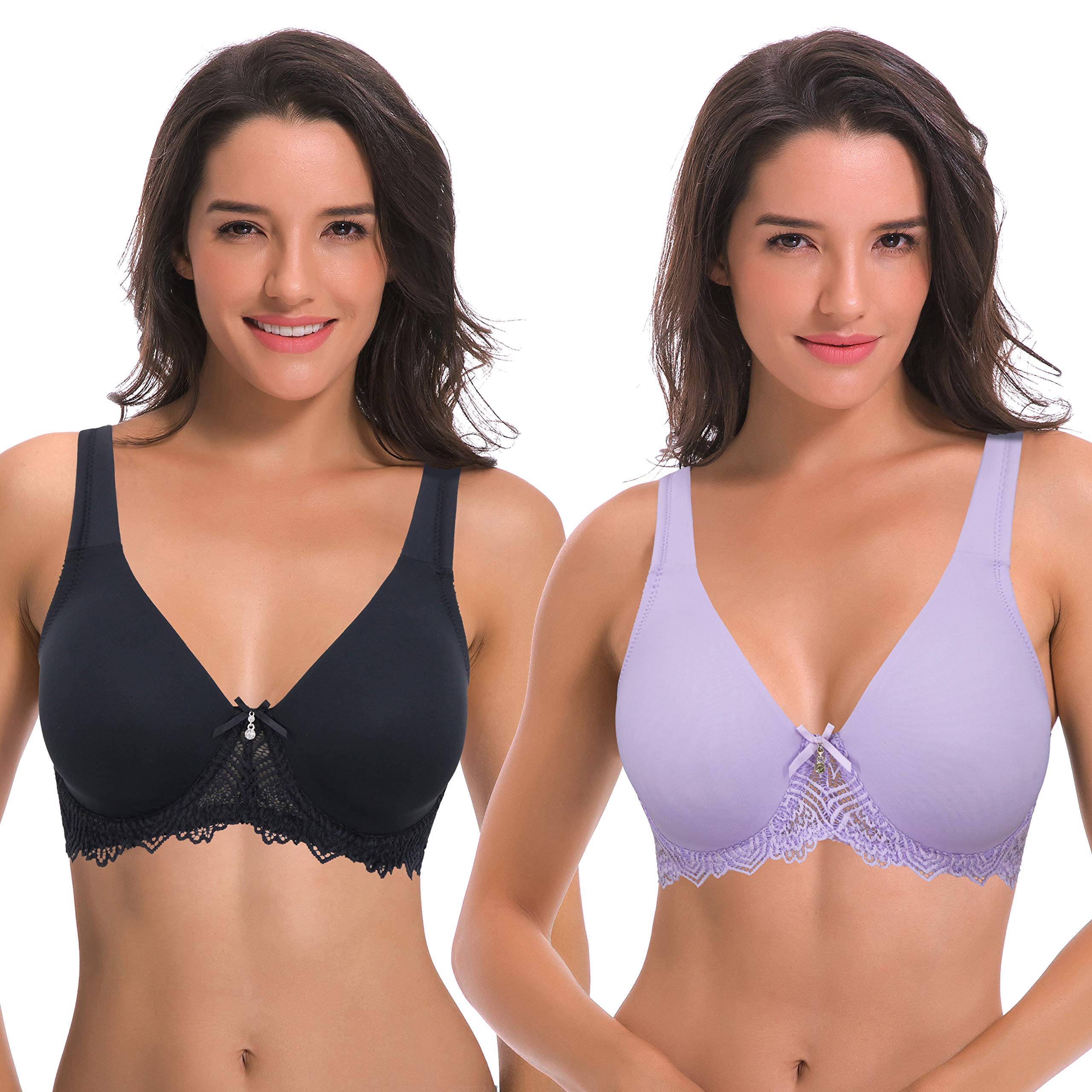 Curve Muse Women's Plus Size Unlined Underwire Lace Bra with Cushion Straps-2PK