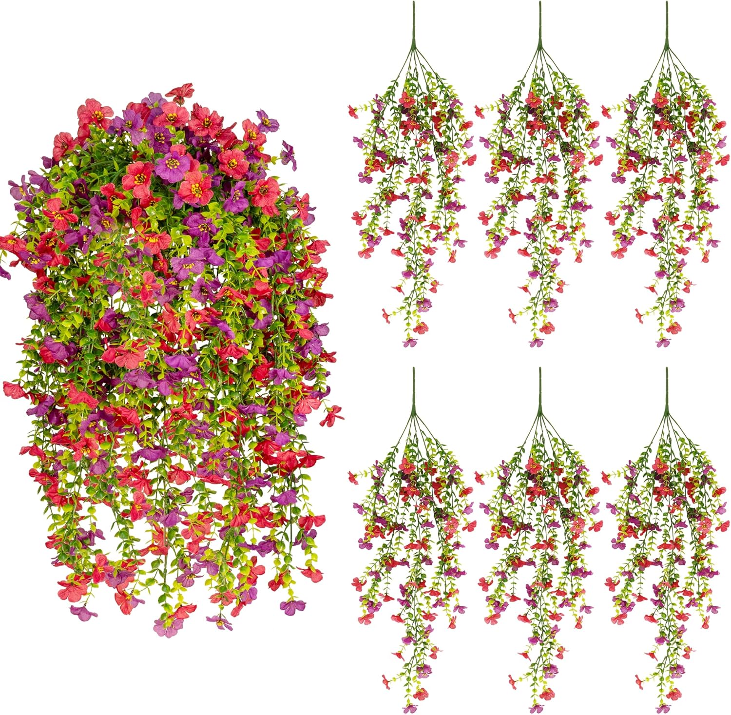 Artificial Fake Hanging Flowers Plants for Outdoors Spring Summer Decoration,6 PCS Faux Flowers Plants Silk UV Resistant Realistic for Outside Planter Garden Porch Patio Balcony Home（Purple Fuchsia）