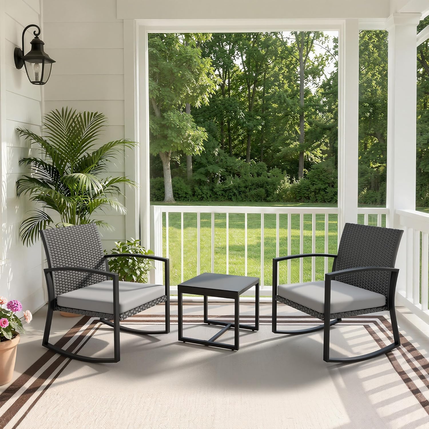 WWR Rocking Patio Bistro Sets 3 Piece - All-Weather - Conversation Furniture Set, Wicker Rattan Outdoor Front Porch Chair for Balcony, Porch, Garden, Backyard, Poolside