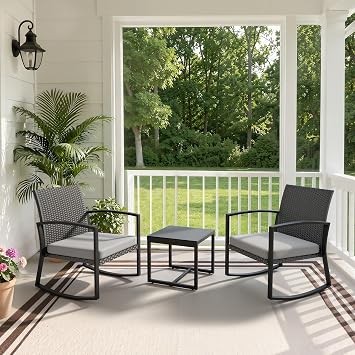WWR Rocking Patio Bistro Sets 3 Piece - All-Weather - Conversation Furniture Set, Wicker Rattan Outdoor Front Porch Chair for Balcony, Porch, Garden, Backyard, Poolside