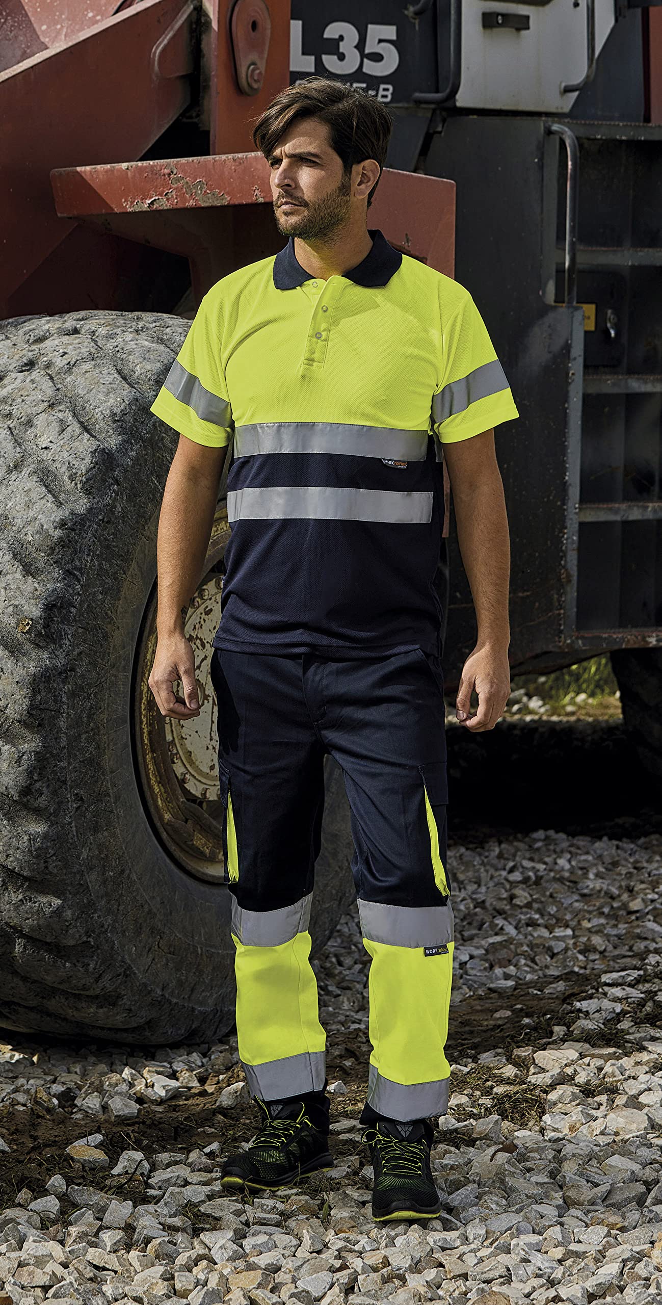 WORKTEAM Pantalón de Trabajo Slim Fit de Alta Visibilidad con Cintas Reflectantes, Multibolsillos y Tejido Elástico. EN ISO 20471. Clase 1. Unisex