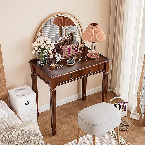 Miniatura 3 de SSZD1258 - Escritorio de madera maciza, escritorios de oficina en casa con 2 cajones de almacenamiento, mesas modernas de nogal de mediados de siglo