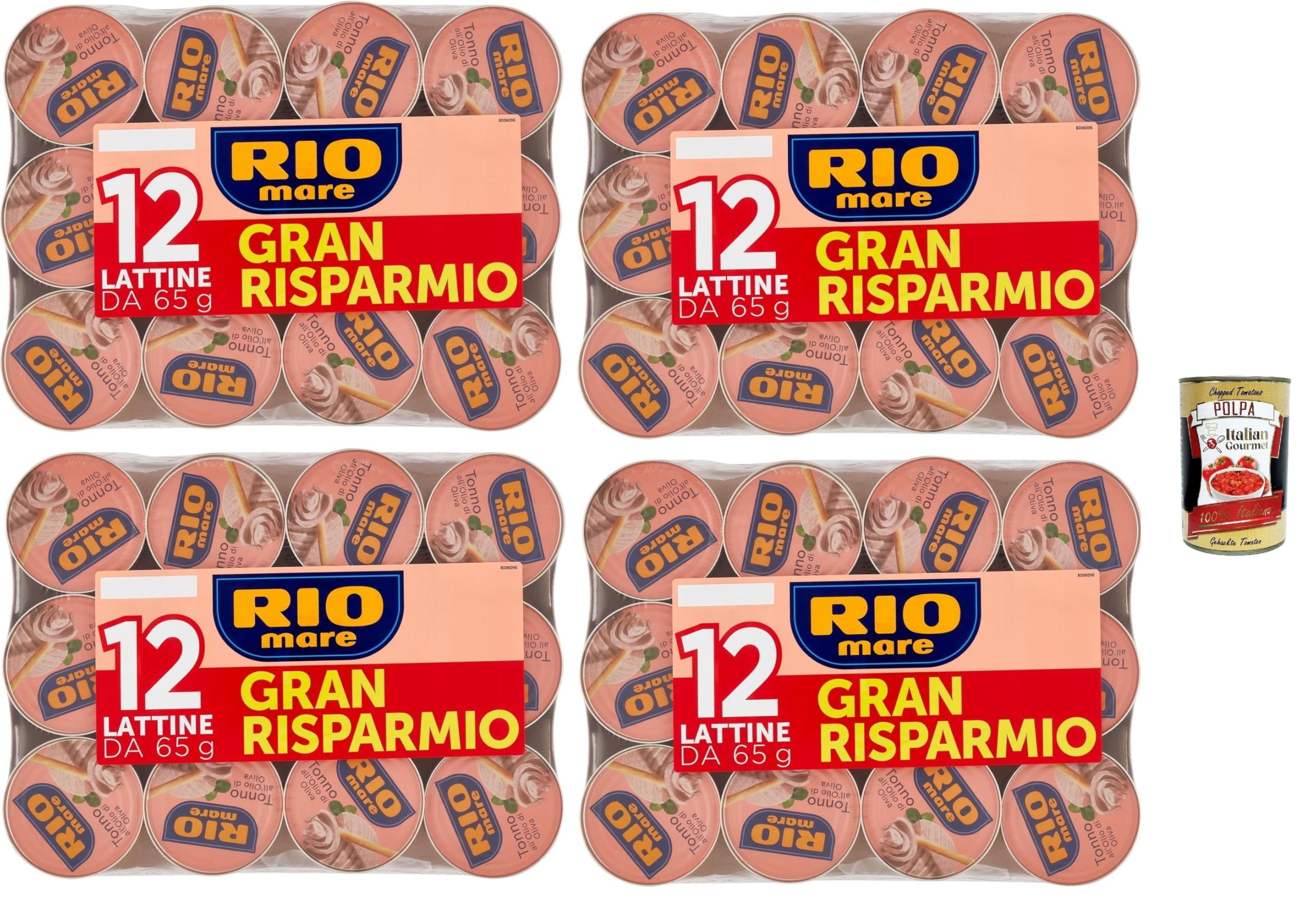 Italian Gourmet Tonno all'olio di oliva 48 x 65g Thunfisch Dosen Portionen | Filetti teneri in Öl, aromatisch und praktisch für Salat, Sandwich oder, Gesamtnettogewicht 3,12 kg + Kostenlos Polpa 400g