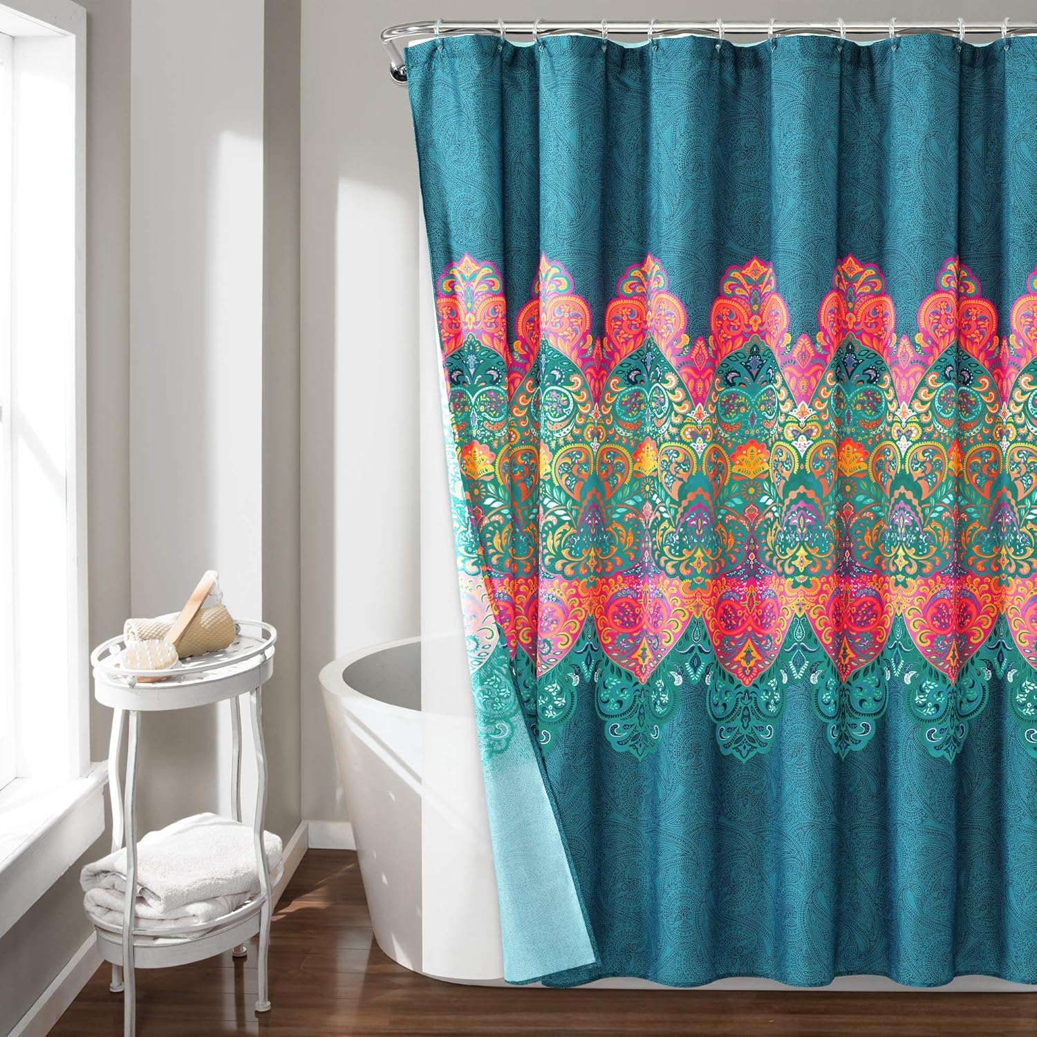 Lush Decor Boho Chic Shower Curtain with Liner and Rings 14 Piece Set 72" W x 72" L Navy - Boho Shower Curtain Set - Colorful Bathroom Curtains