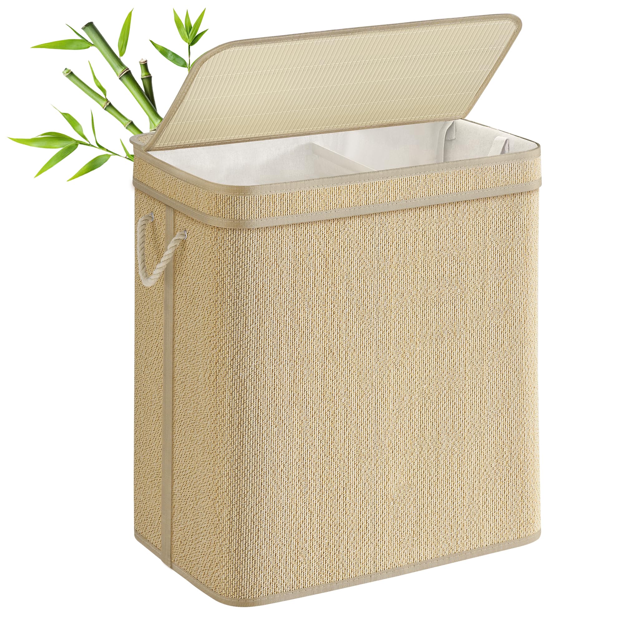 SONGMICS 2-Section Laundry Hamper With Lid, 34.3 Gal (130 L) Large Laundry Basket With 2 Removable Machine Washable Fabric Bag, Bamboo Clothes Hamper, Handles, for Bathroom, Natural Color ULCB068Y01