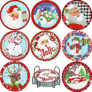 8 Pieces Christmas Diamond Painting Coasters DIY Diamond Art Coasters 5D Full Drill Diamond Coasters Acrylic Round Cup Coaster with Holder Cork Pads for Party Home Decor (CT041-CT048)