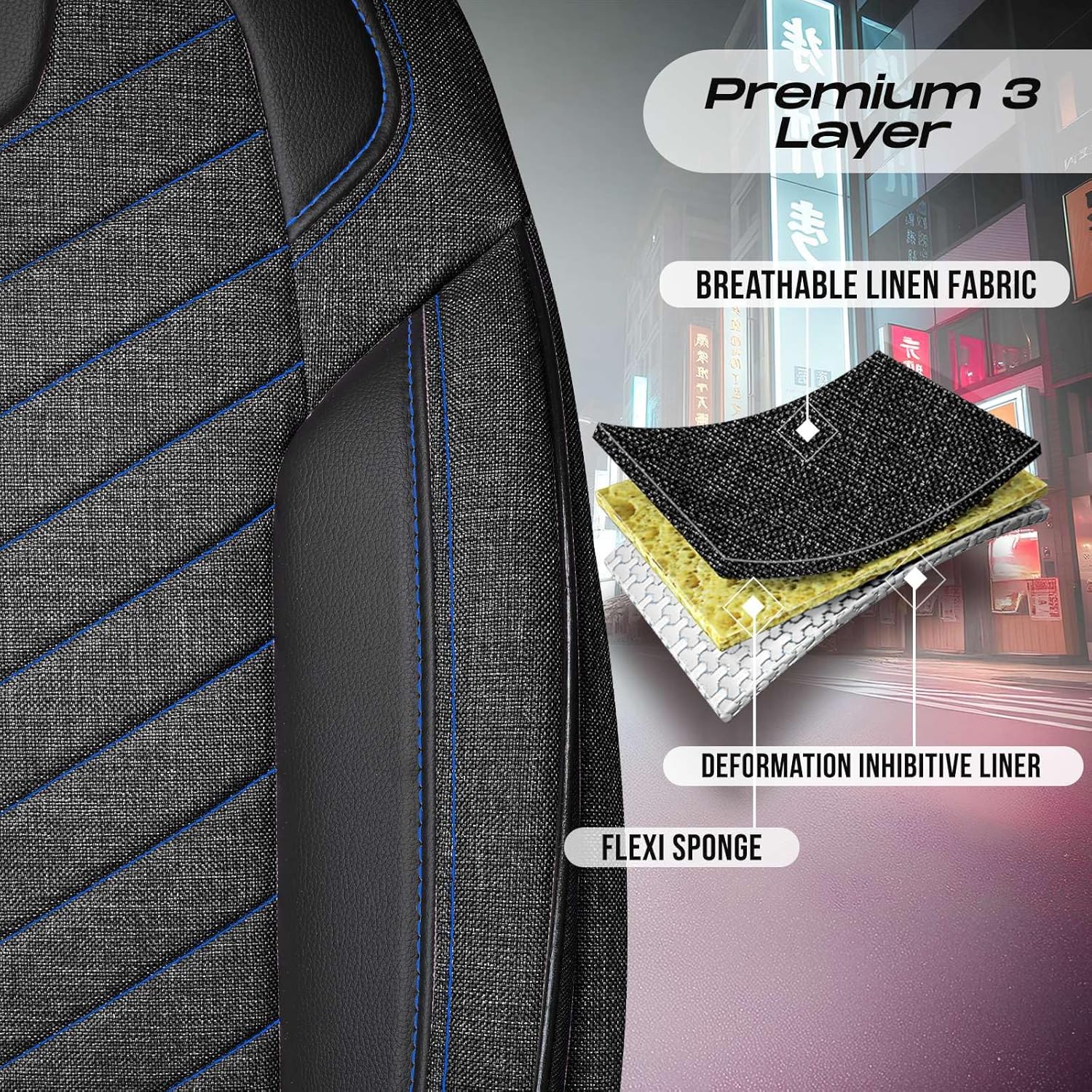 Premium Car Seat Covers Front Seat - Linen Car Seat Cover for SUV, Cars, Most Pickups, Black-Blue Stitching, Car Seat Protector, Car Seat Covers Front Seats, Car Seat Protector