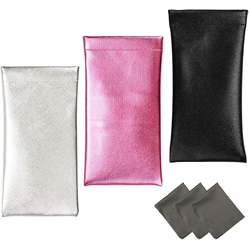 Vemiss 3 PACK Eyeglasses Pouch Squeeze Top Sunglasses Case with 3 Sets Cleaning Cloth