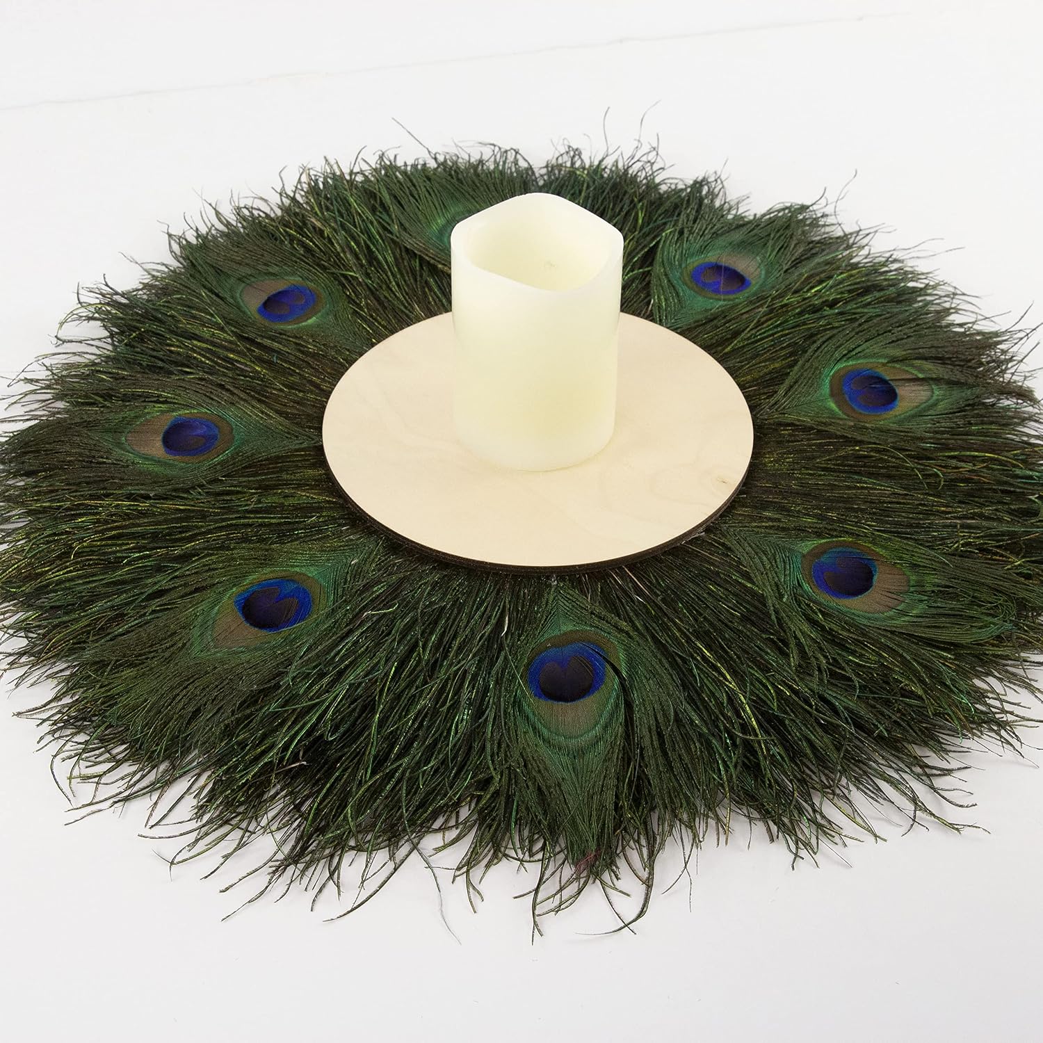 ZUCKER Table décor 8” Wood Ctr W/Peacock Flue and Eyes, 18” Dia