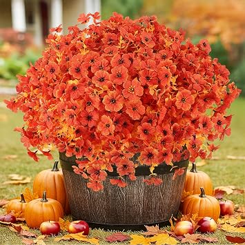 24 Bundles Artificial Fall Flowers Outdoor UV Resistant Fake Mums Bulk Outdoor Faux Mums Plants Plastic Flower Decorations for Home Garden Porch Hanging Planter Vase Autumn Decor Outside, Orange