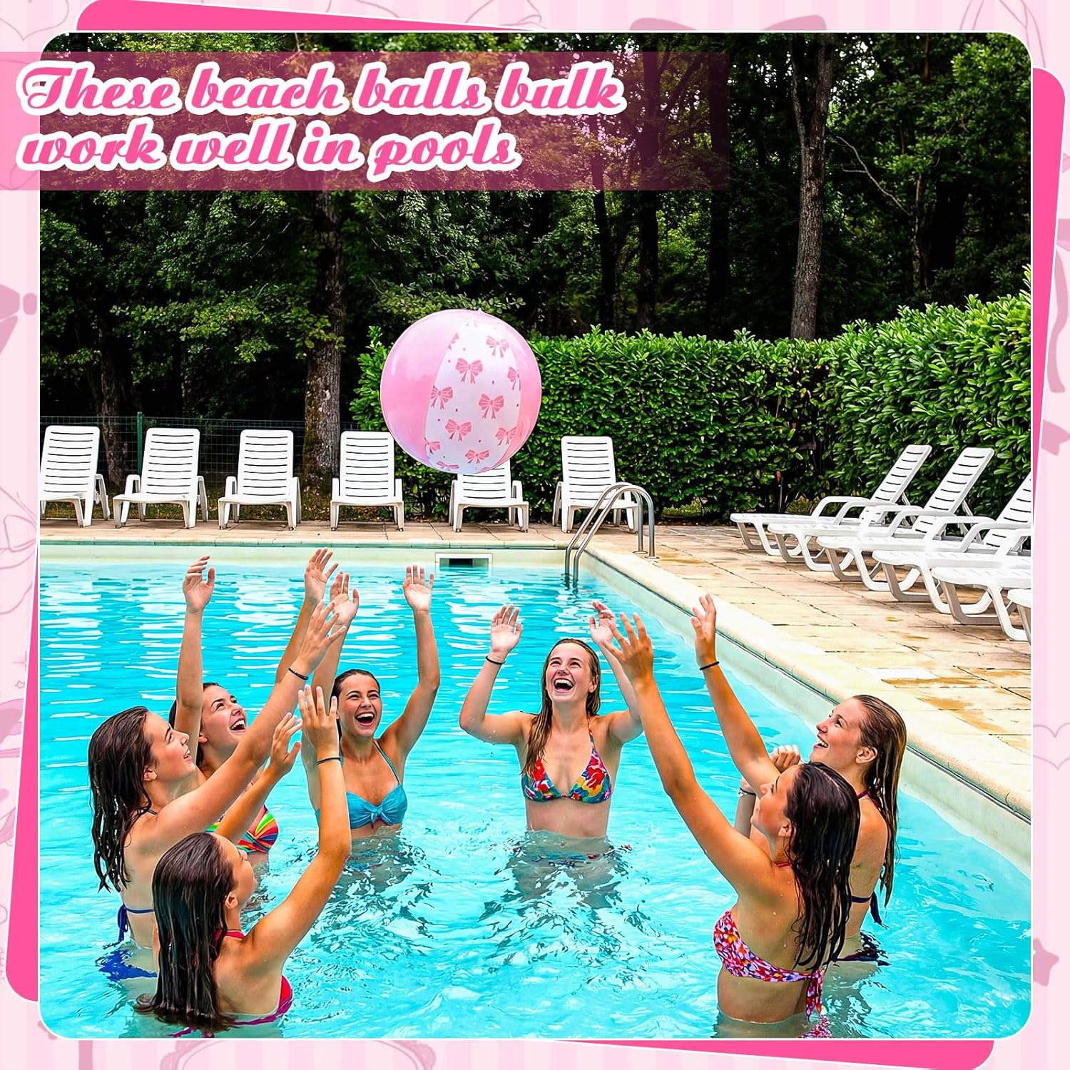 24 Pcs 9 Inch Pink Bow Inflatable Beach Balls Coquette Cute Pool Floats PVC Balls for Summer Hawaiian Tropical Theme Beach Pool Bachelorette Party Supplies (Pink White)
