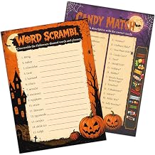 Halloween Party Games for Adults - Word Scramble and Candy Match, 25 Dual-Sided Games Cards for Family Office Classrooms, Autumn Holiday Event Halloween Party Activity (with Answer Key) /001