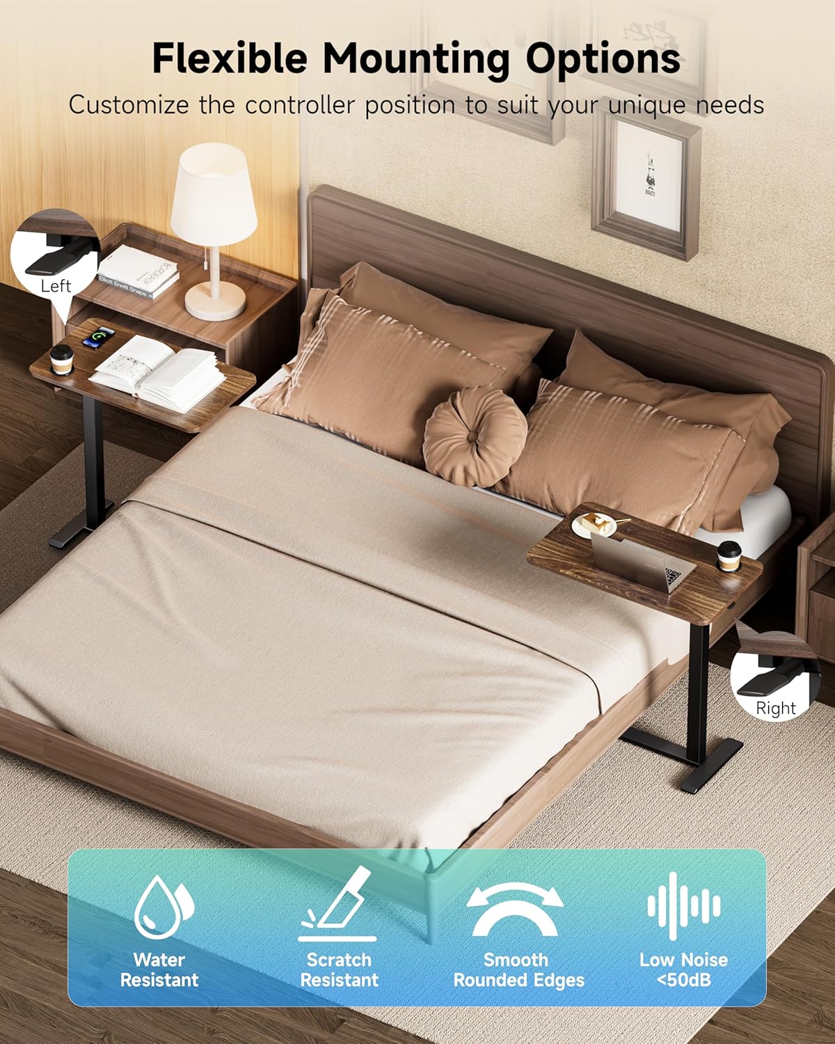 BIZUM Adjustable Bedside Table with Swivel Hidden Wheels Pneumatic Rolling Desk Mobile Standing Desk with Cup Holder for Hospital Home(27.6"x15.8" Walnut)
