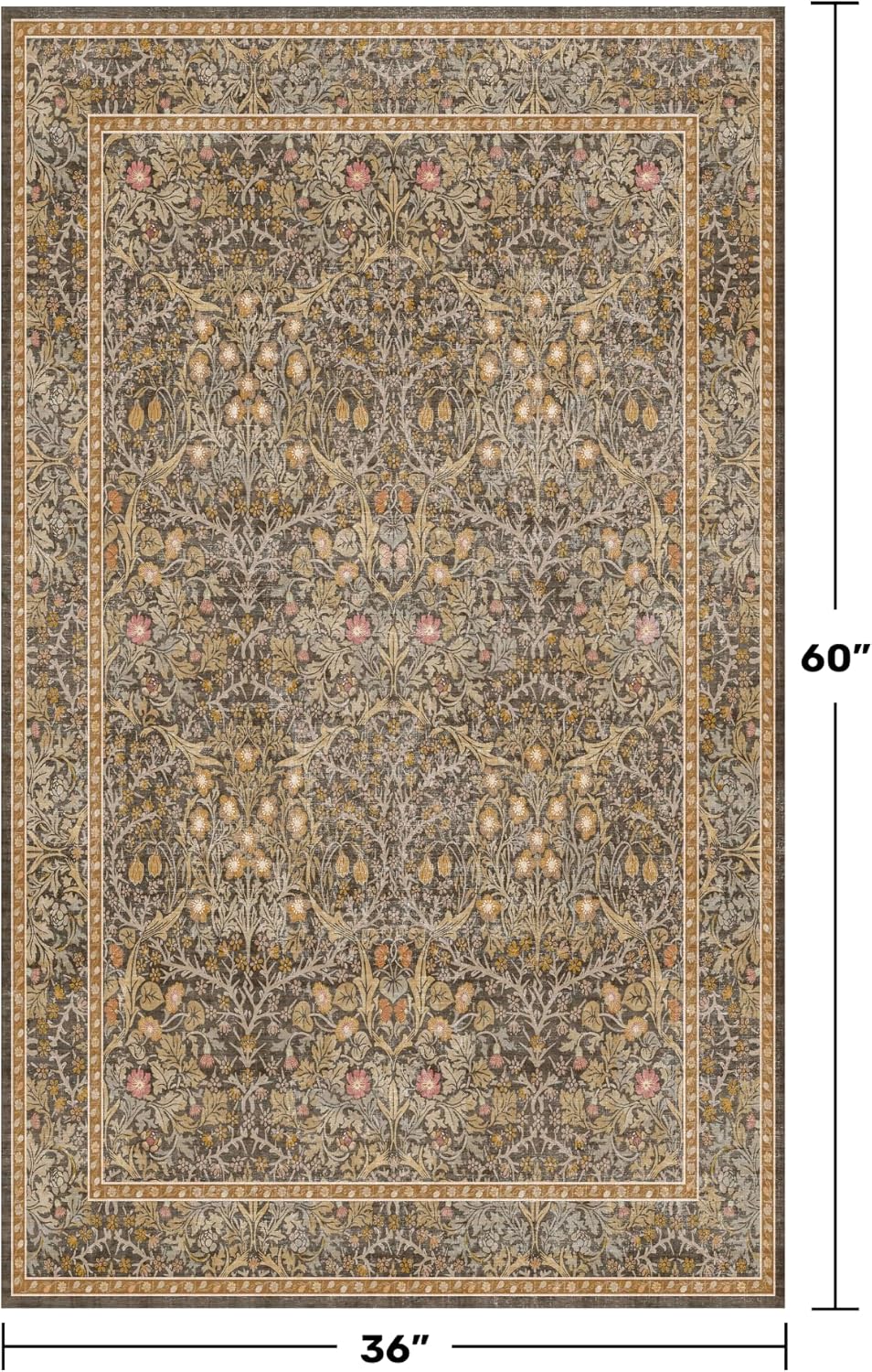 Vintage Floral Brown 3x5 Area Rugs for Entryway, Kitchen, Bathroom, Bedroom Beside Rug, Laundry Room, Non-Slip Low Pile Ultra Soft Stain Resistant Small Gold and Taupe Carpet - Image 2