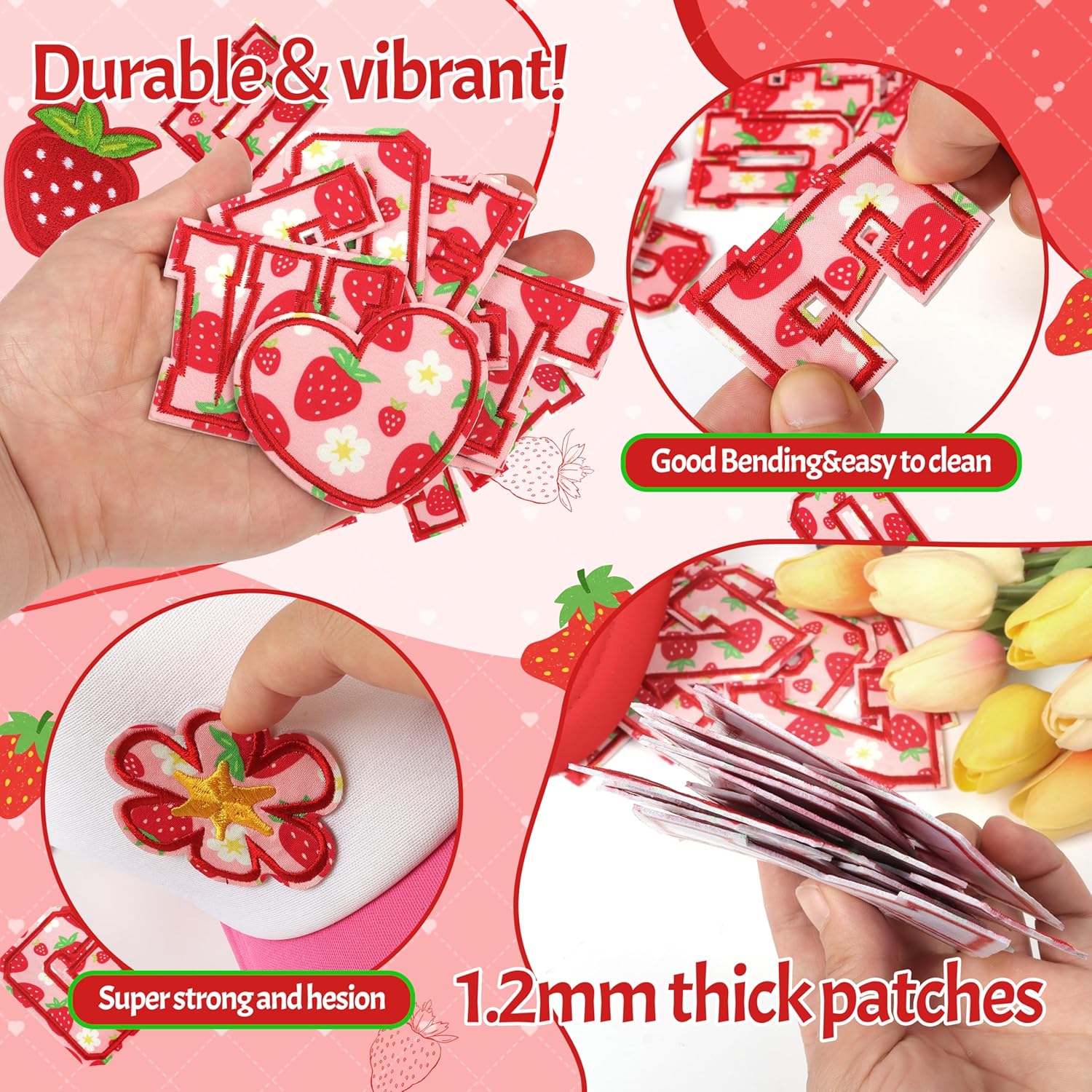 Letter Patches Self-Adhesive for Girls Backpack: Kingsow 64Pcs Strawberry Patch Stickers A-Z Alphabet Applique - Preppy Cute Fabric Letters Patches Stick on Clothing Hats Bags DIY Crafts